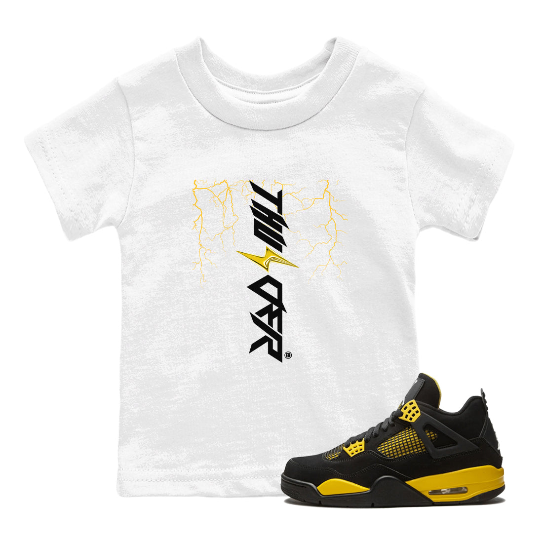 AJ4 Thunder shirts to match jordans Lightning Thunder sneaker match tees Air Jordan 4 Thunder Drip Gear Zone streetwear brand Baby and Youth White 1 cotton tee