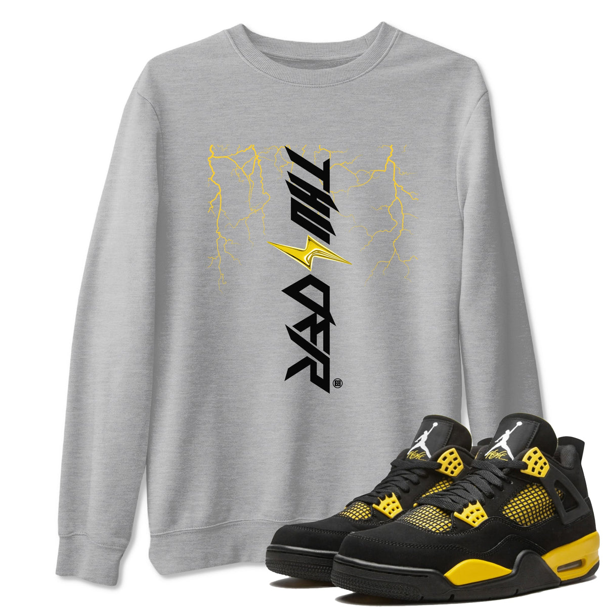 AJ4 Thunder shirts to match jordans Lightning Thunder sneaker match tees Air Jordan 4 Thunder Drip Gear Zone streetwear brand Heather Grey 1 unisex cotton tee