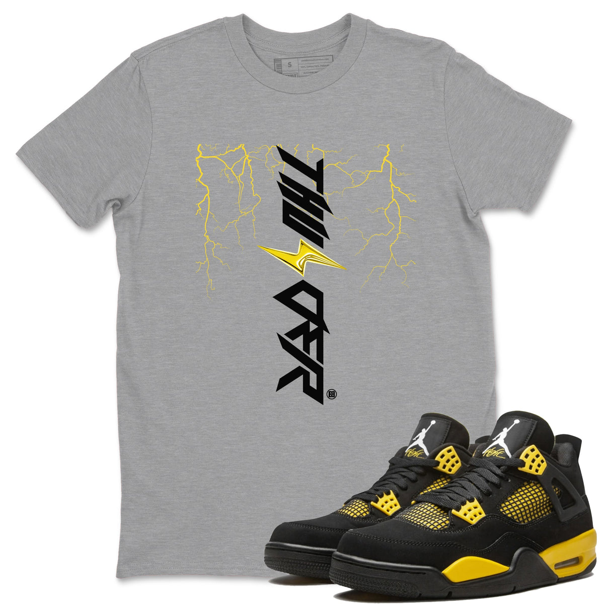 AJ4 Thunder shirts to match jordans Lightning Thunder sneaker match tees Air Jordan 4 Thunder Drip Gear Zone streetwear brand Heather Grey 1 unisex cotton tee