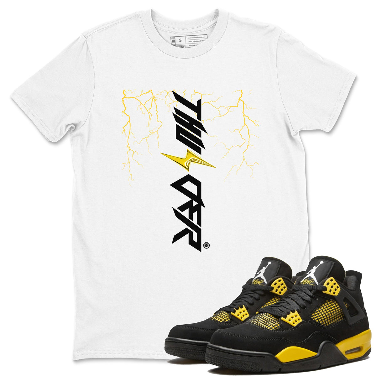 AJ4 Thunder shirts to match jordans Lightning Thunder sneaker match tees Air Jordan 4 Thunder Drip Gear Zone streetwear brand White 1 unisex cotton tee