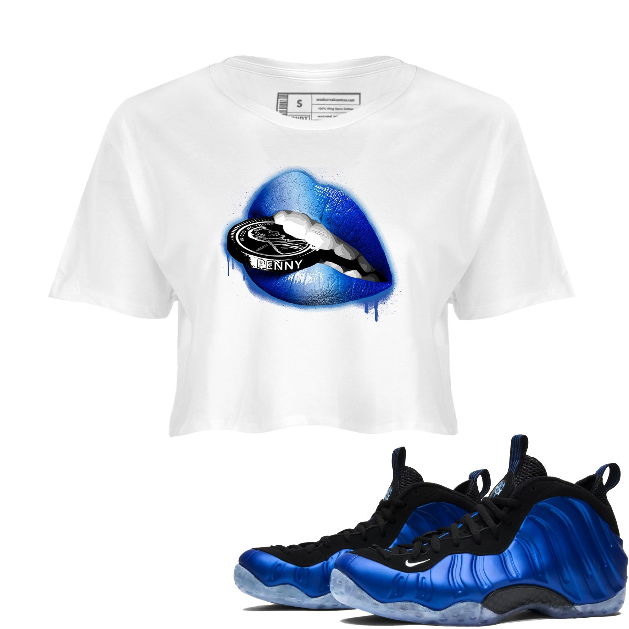 Foams One Royal shirts to match jordans Lips Coin sneaker match tees Air Foamposite One Royal match shoes to clothes Drip Gear Zone unisex cotton White 1 crop tee