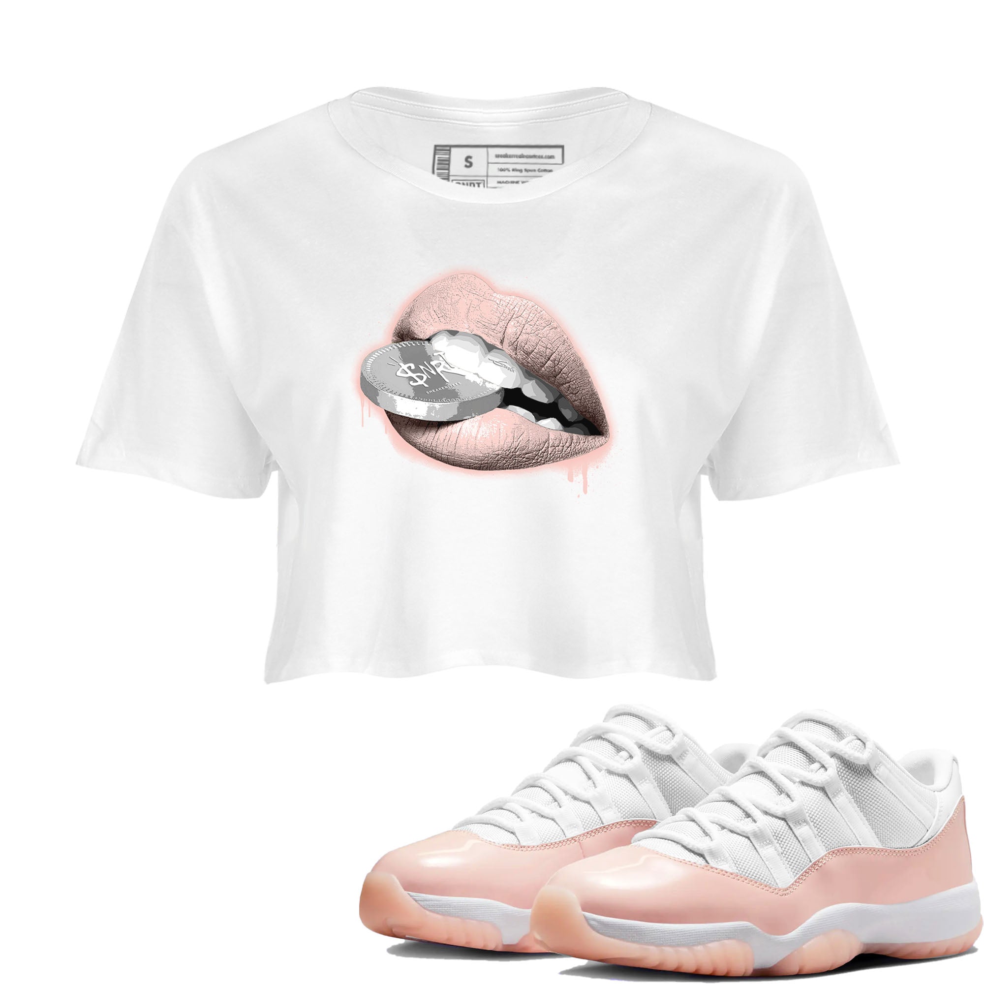 11s Legend Pink shirts to match jordans Lips Coin sneaker match tees Air Jordan 11 Legend Pink Drip Gear Zone streetwear brand White 1 crop tee