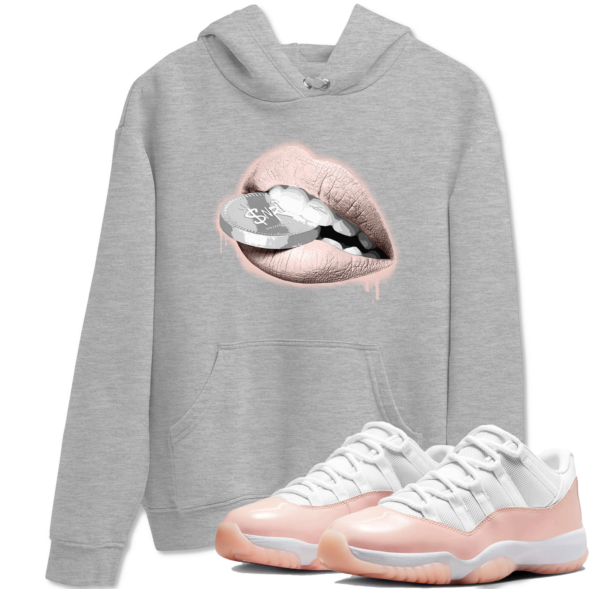 11s Legend Pink shirts to match jordans Lips Coin sneaker match tees Air Jordan 11 Legend Pink Drip Gear Zone streetwear brand Heather Grey 1 unisex cotton tee