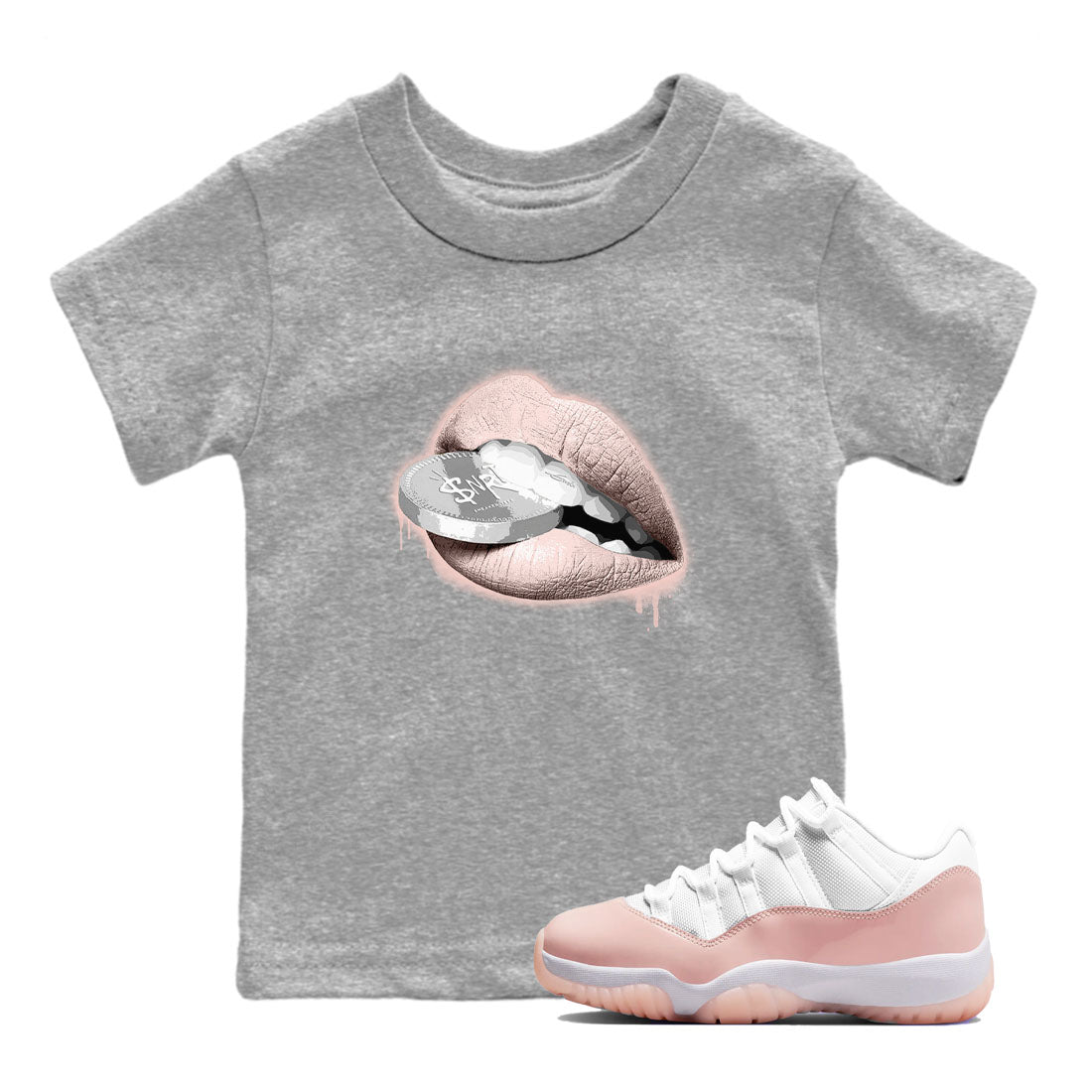 11s Legend Pink shirts to match jordans Lips Coin sneaker match tees Air Jordan 11 Legend Pink Drip Gear Zone streetwear brand Baby and Youth Heather Grey 1 cotton tee