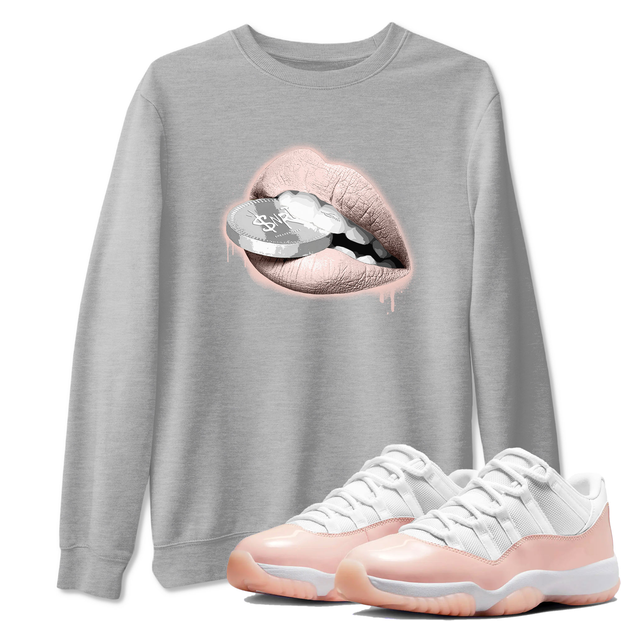11s Legend Pink shirts to match jordans Lips Coin sneaker match tees Air Jordan 11 Legend Pink Drip Gear Zone streetwear brand Heather Grey 1 unisex cotton tee