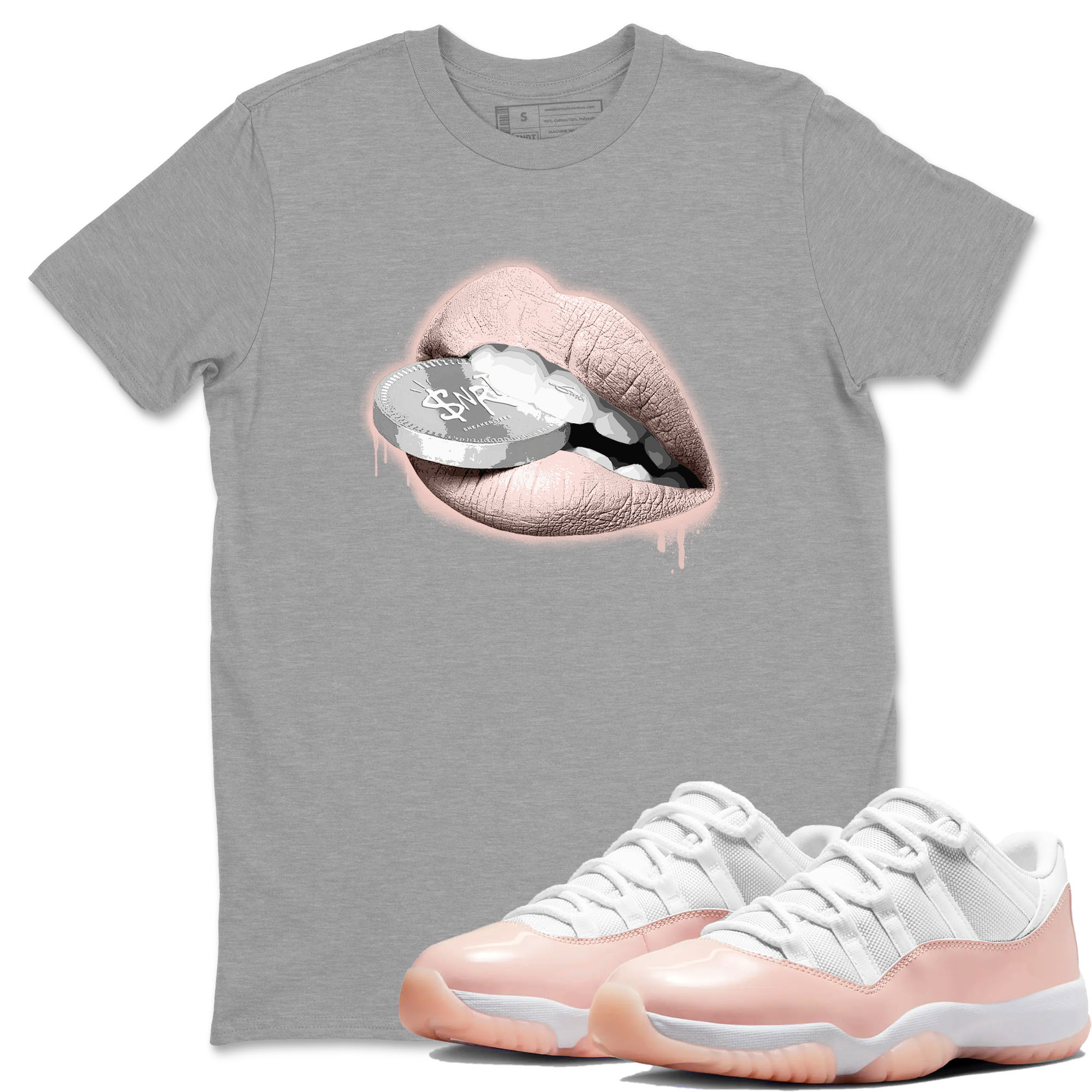 11s Legend Pink shirts to match jordans Lips Coin sneaker match tees Air Jordan 11 Legend Pink Drip Gear Zone streetwear brand Heather Grey 1 unisex cotton tee