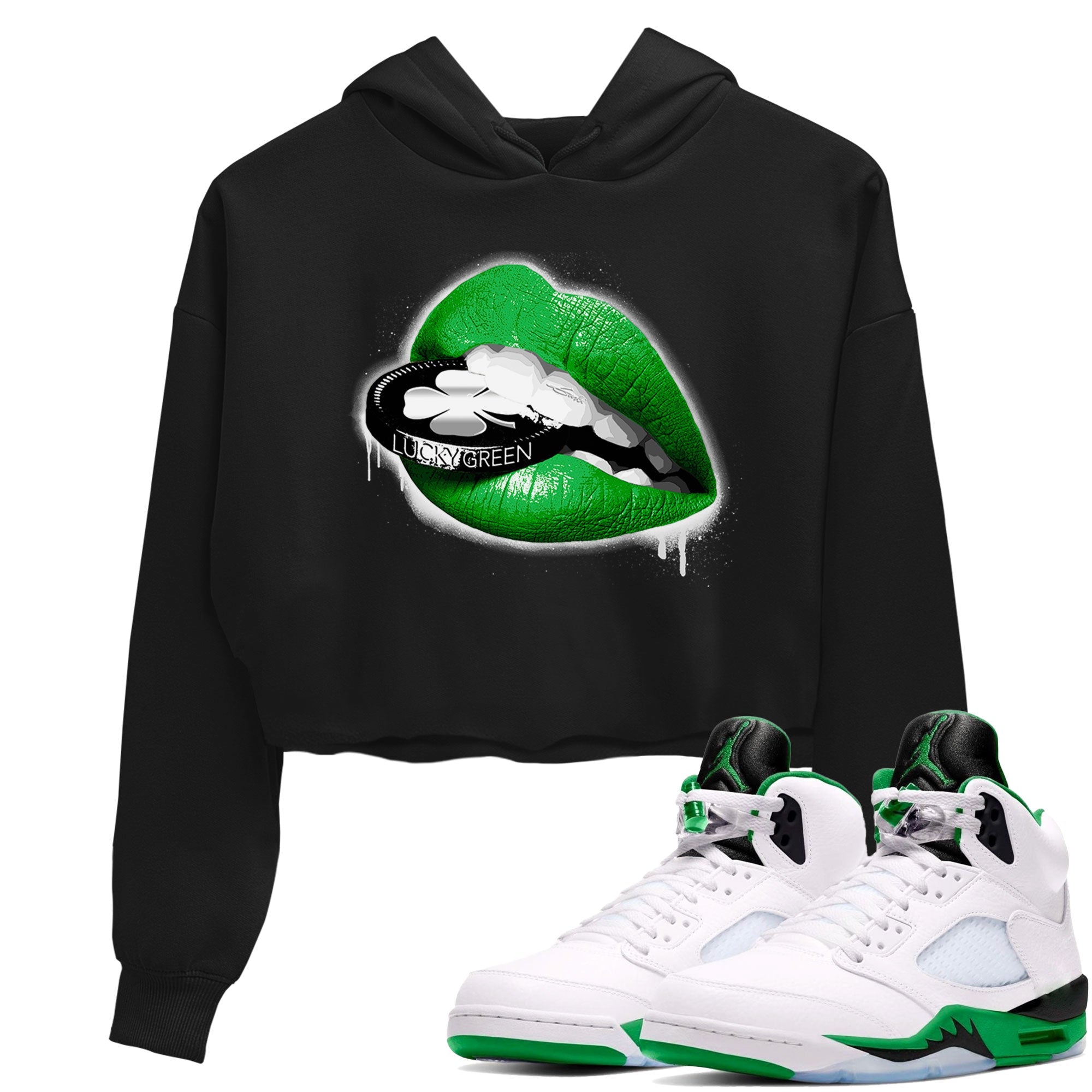 AJ5 Retro Lucky Green shirt to match jordans Lips Coin sneaker tees Air Jordan 5 Retro Lucky Green Drip Gear Zone Casual Crew Neck T-Shirt Black 1 Crop T-Shirt