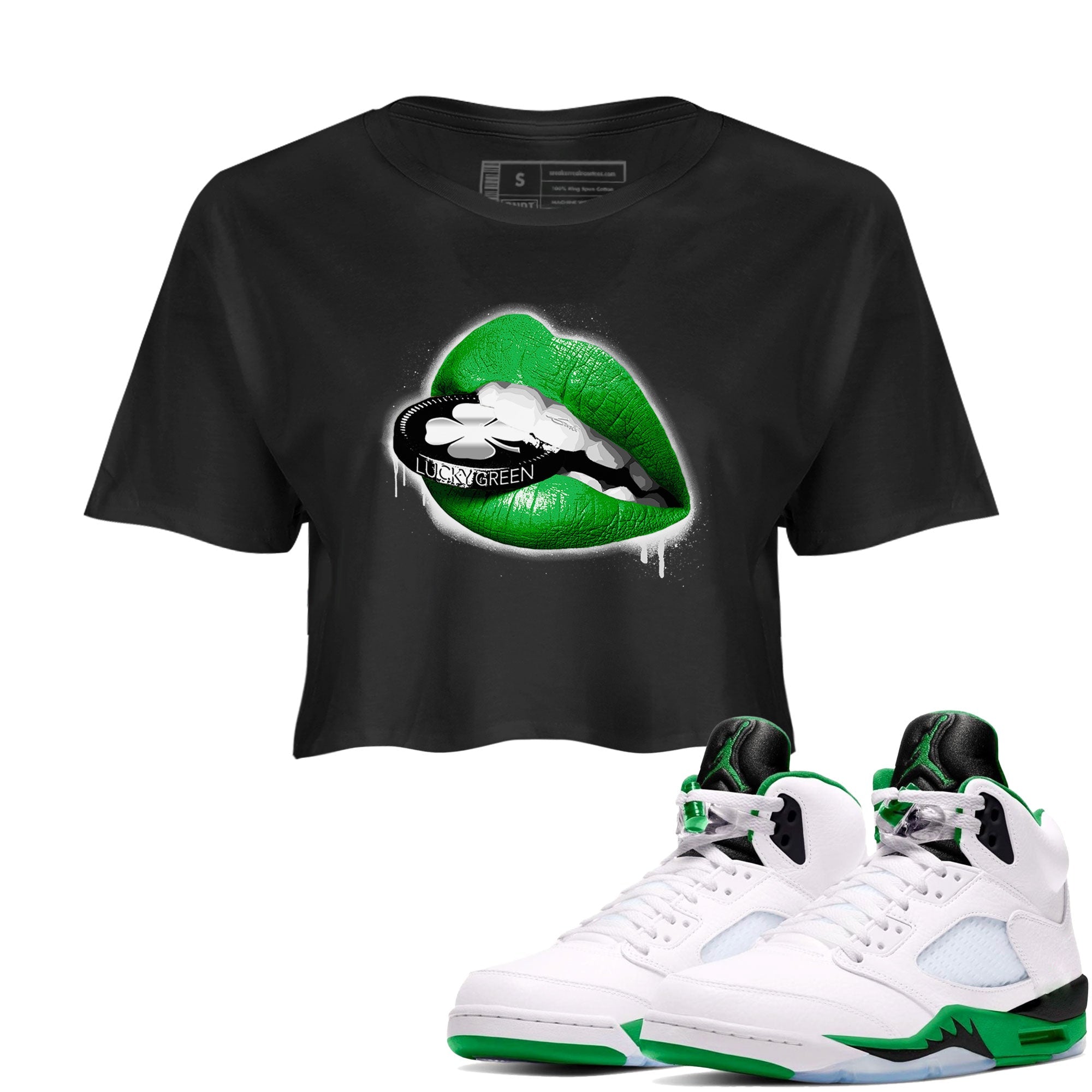 AJ5 Retro Lucky Green shirt to match jordans Lips Coin sneaker tees Air Jordan 5 Retro Lucky Green Drip Gear Zone Casual Crew Neck T-Shirt Black 1 Crop T-Shirt