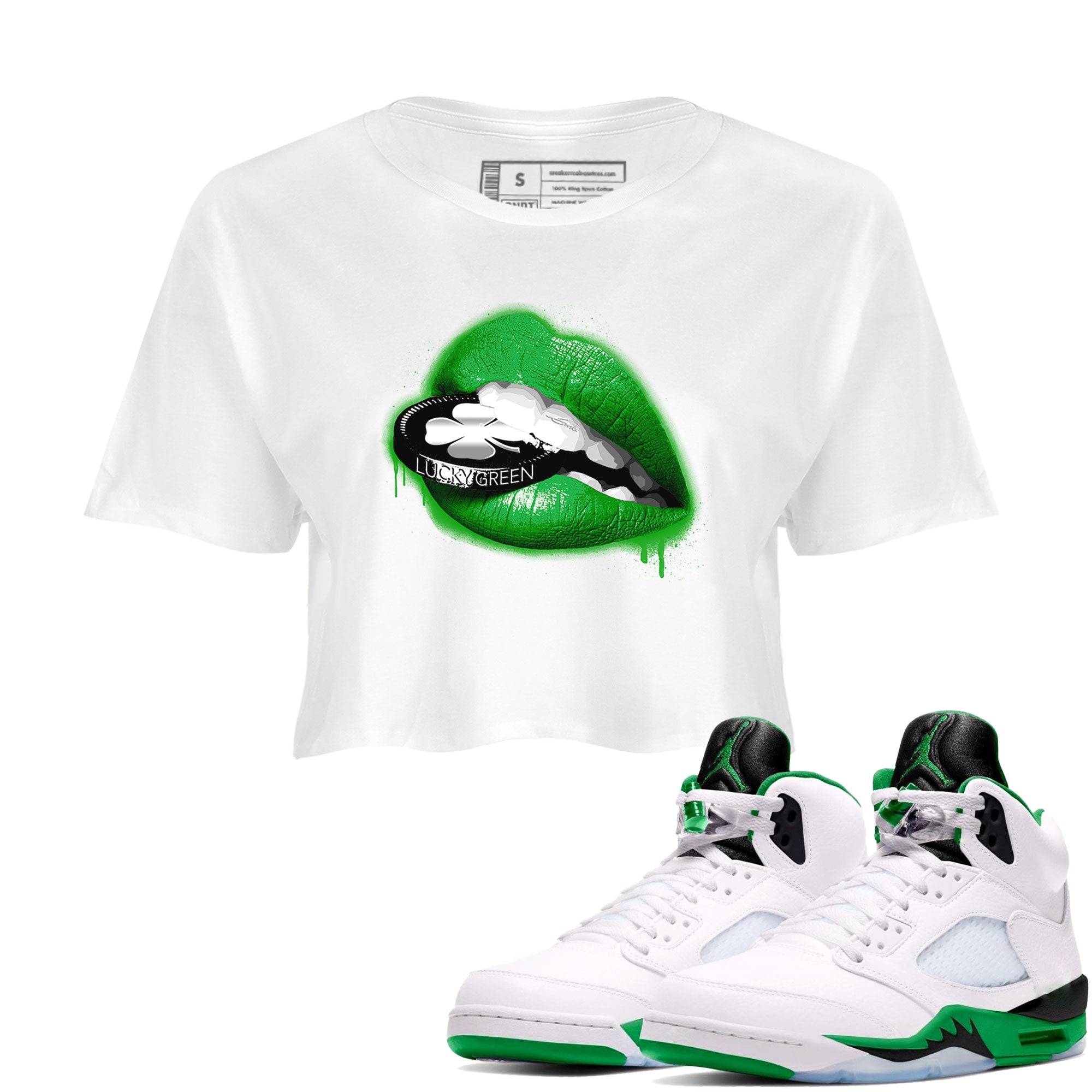 AJ5 Retro Lucky Green shirt to match jordans Lips Coin sneaker tees Air Jordan 5 Retro Lucky Green Drip Gear Zone Casual Crew Neck T-Shirt White 1 Crop T-Shirt