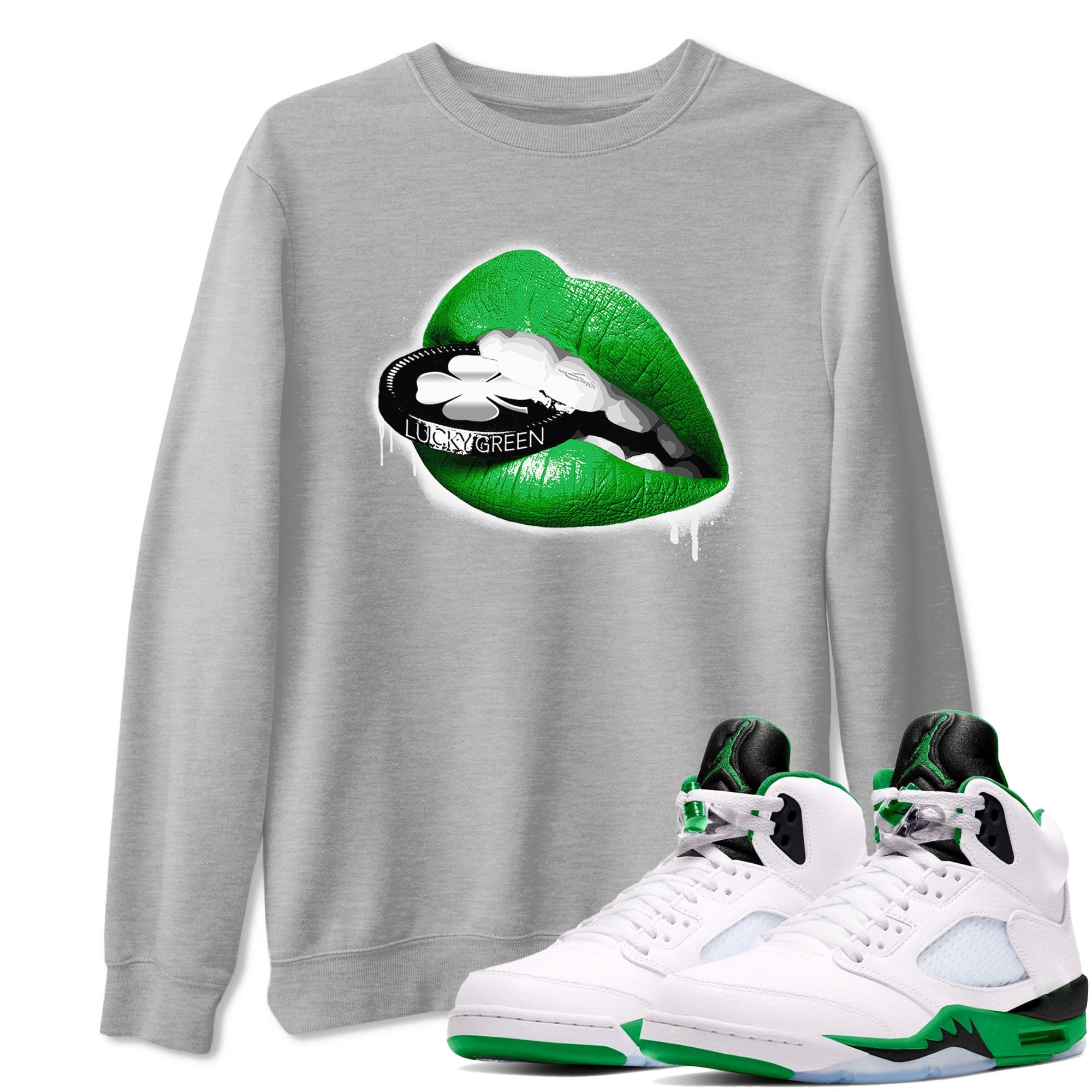 AJ5 Retro Lucky Green shirt to match jordans Lips Coin sneaker tees Air Jordan 5 Retro Lucky Green Drip Gear Zone Casual Crew Neck T-Shirt Unisex Heather Grey 1 T-Shirt