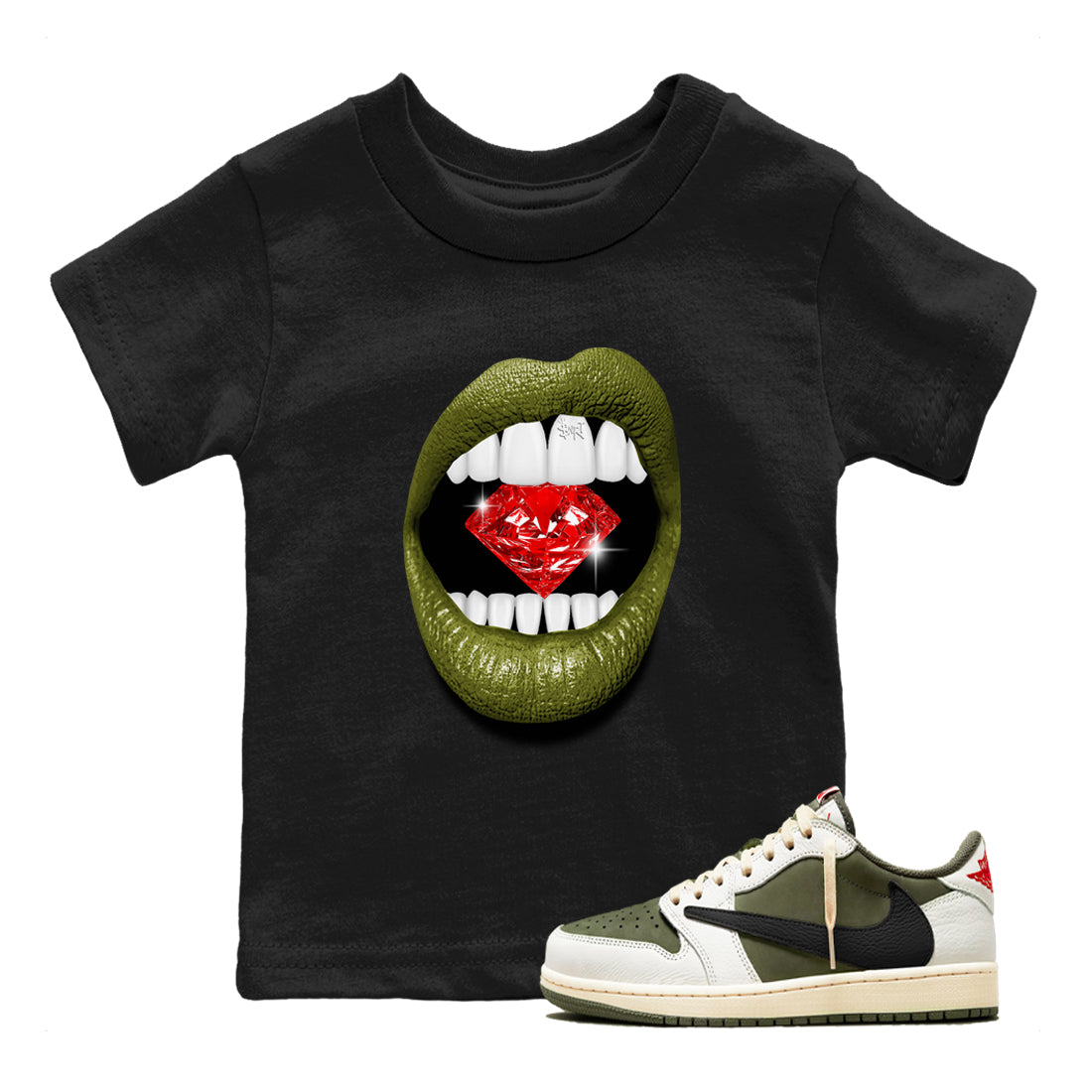 Jordan 1 Olive t shirts to match sneakers Lips Diamond sneaker match tees Air Jordan 1 Low x Travis Scott Reverse Olive tee Drip Gear Zone Youth Baby Black 1 tee