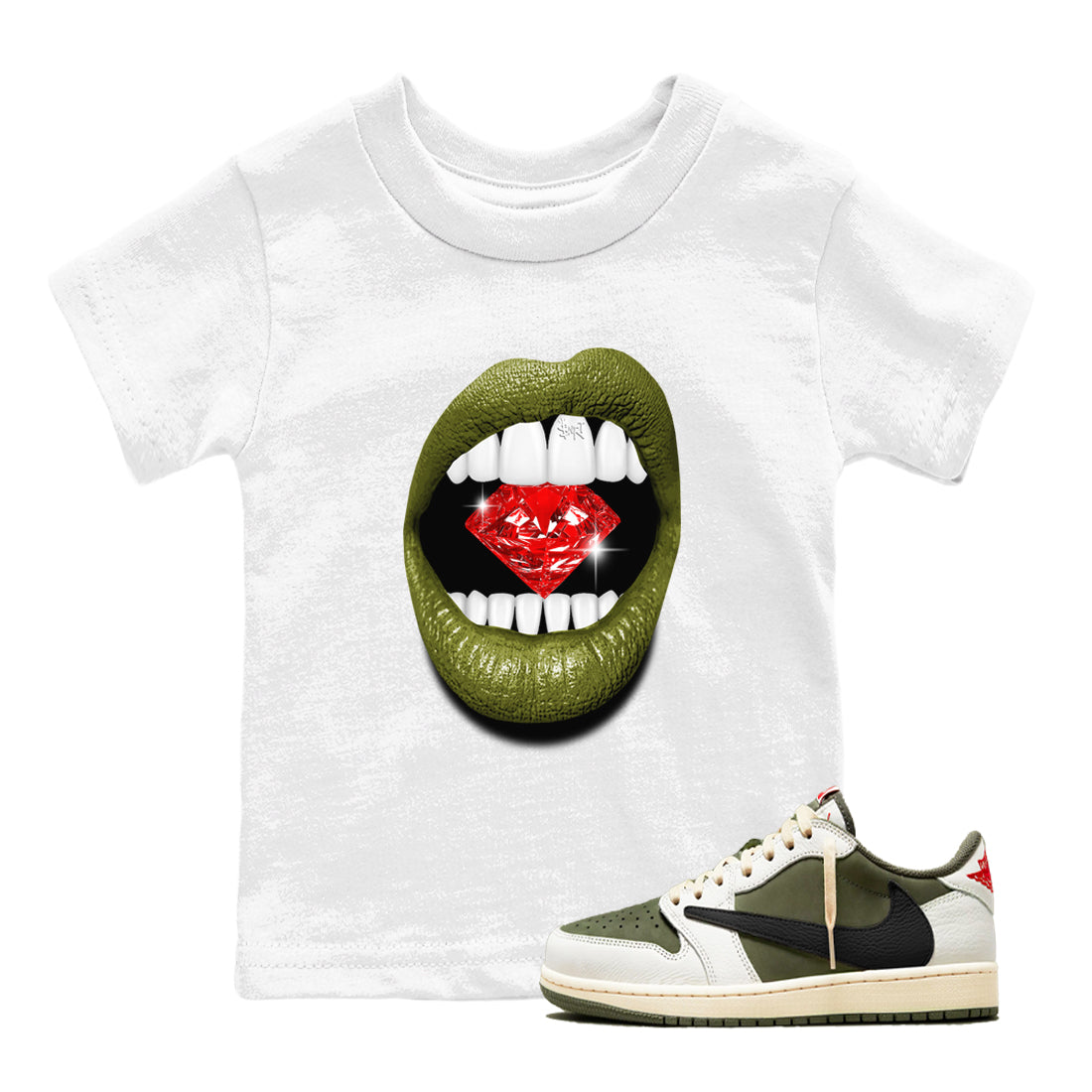 Jordan 1 Olive t shirts to match sneakers Lips Diamond sneaker match tees Air Jordan 1 Low x Travis Scott Reverse Olive tee Drip Gear Zone Youth Baby White 1 tee