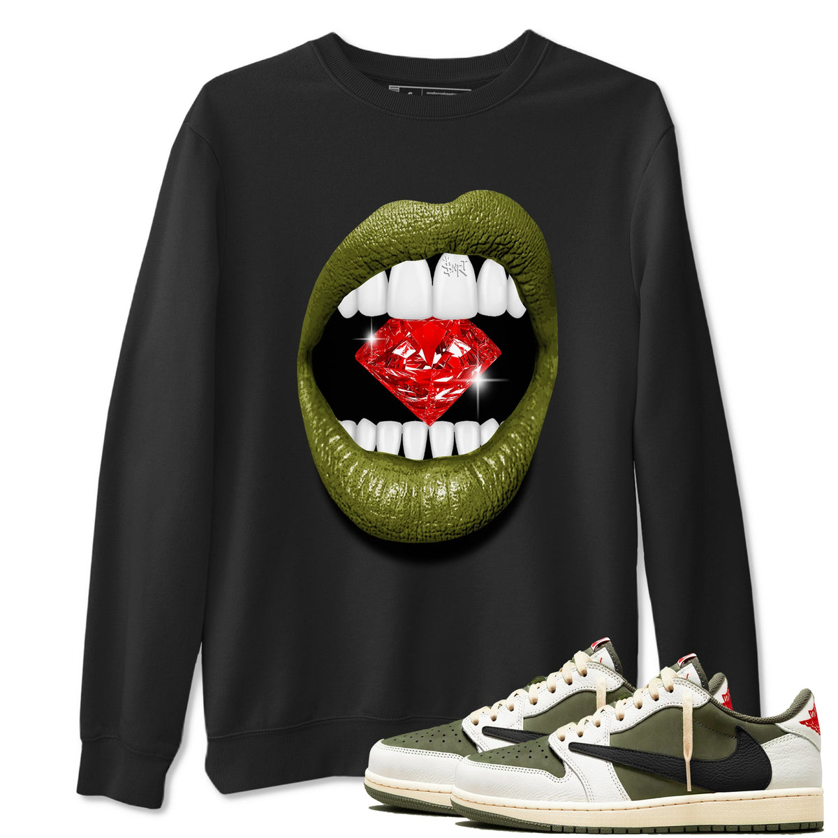 Jordan 1 Olive t shirts to match sneakers Lips Diamond sneaker match tees Air Jordan 1 Low x Travis Scott Reverse Olive tee Drip Gear Zone unisex cotton Black 1 shirts