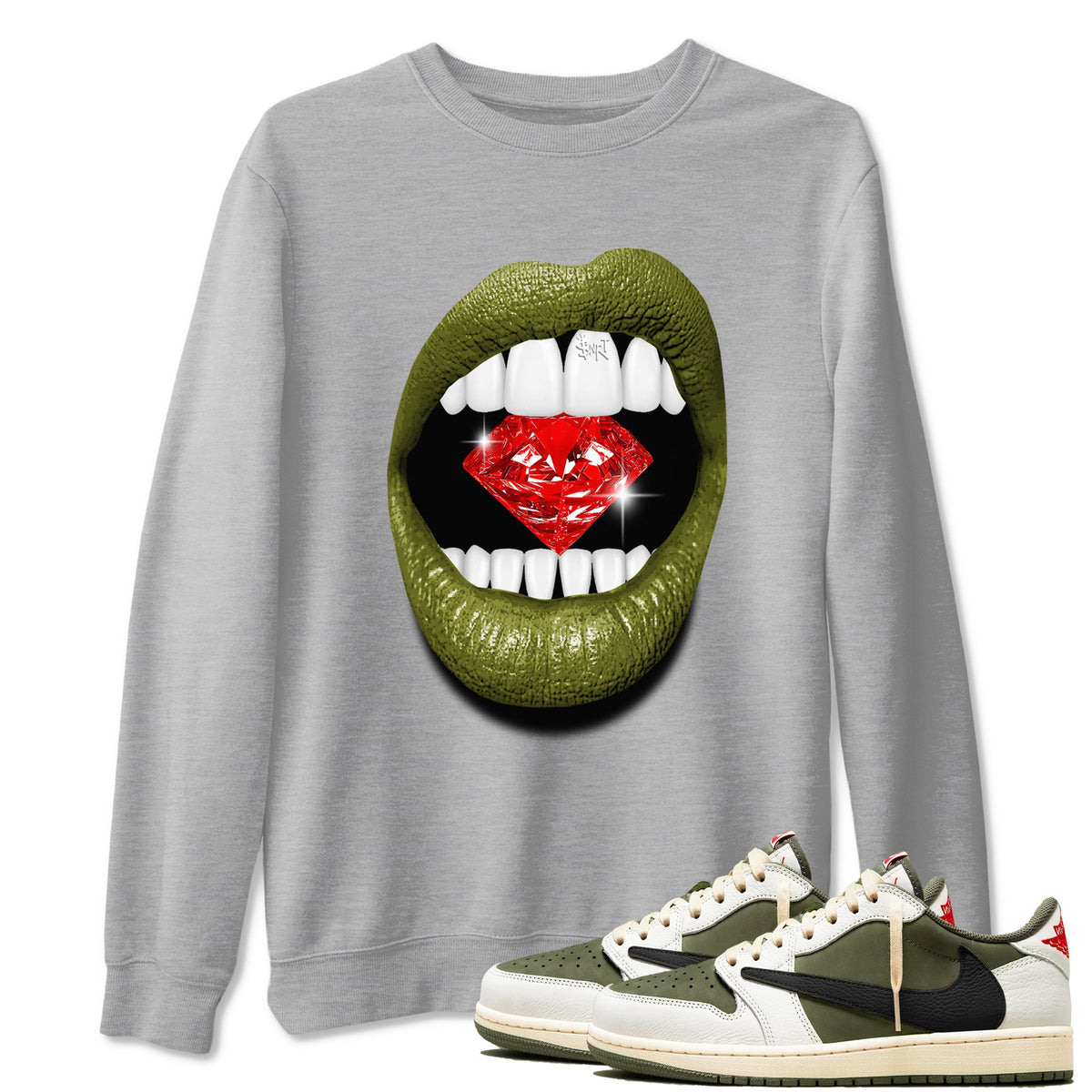 Jordan 1 Olive t shirts to match sneakers Lips Diamond sneaker match tees Air Jordan 1 Low x Travis Scott Reverse Olive tee Drip Gear Zone unisex cotton Heather Grey 1 shirts