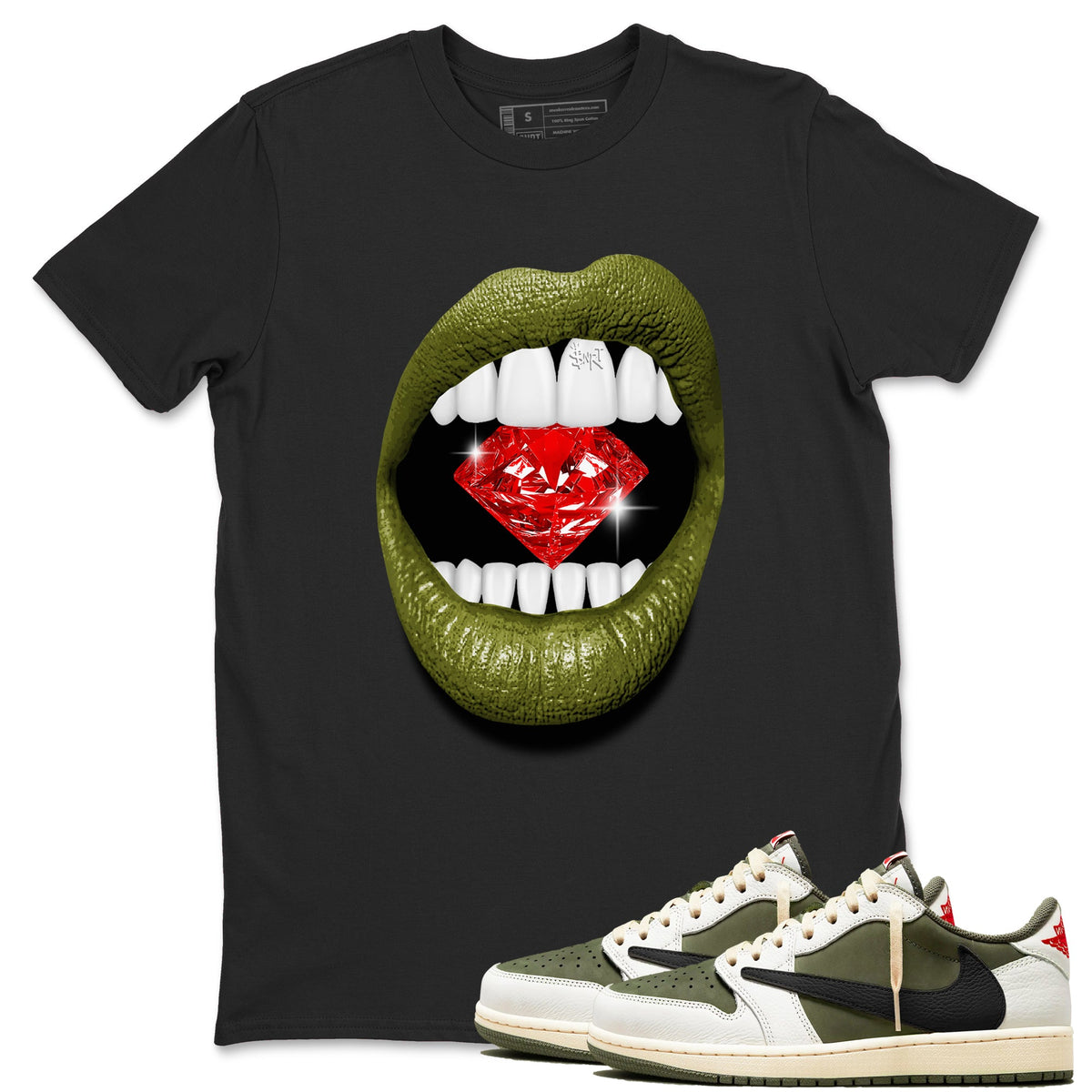 Jordan 1 Olive t shirts to match sneakers Lips Diamond sneaker match tees Air Jordan 1 Low x Travis Scott Reverse Olive tee Drip Gear Zone unisex cotton Black 1 shirts