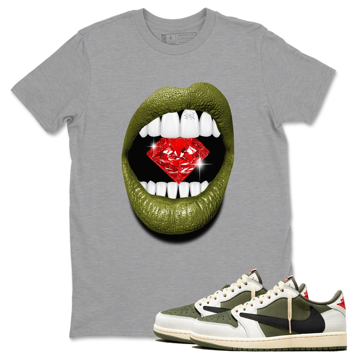 Jordan 1 Olive t shirts to match sneakers Lips Diamond sneaker match tees Air Jordan 1 Low x Travis Scott Reverse Olive tee Drip Gear Zone unisex cotton Heather Grey 1 shirts