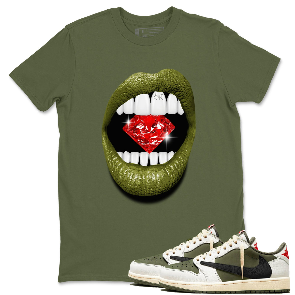 Jordan 1 Olive t shirts to match sneakers Lips Diamond sneaker match tees Air Jordan 1 Low x Travis Scott Reverse Olive tee Drip Gear Zone unisex cotton Military Green 1 shirts