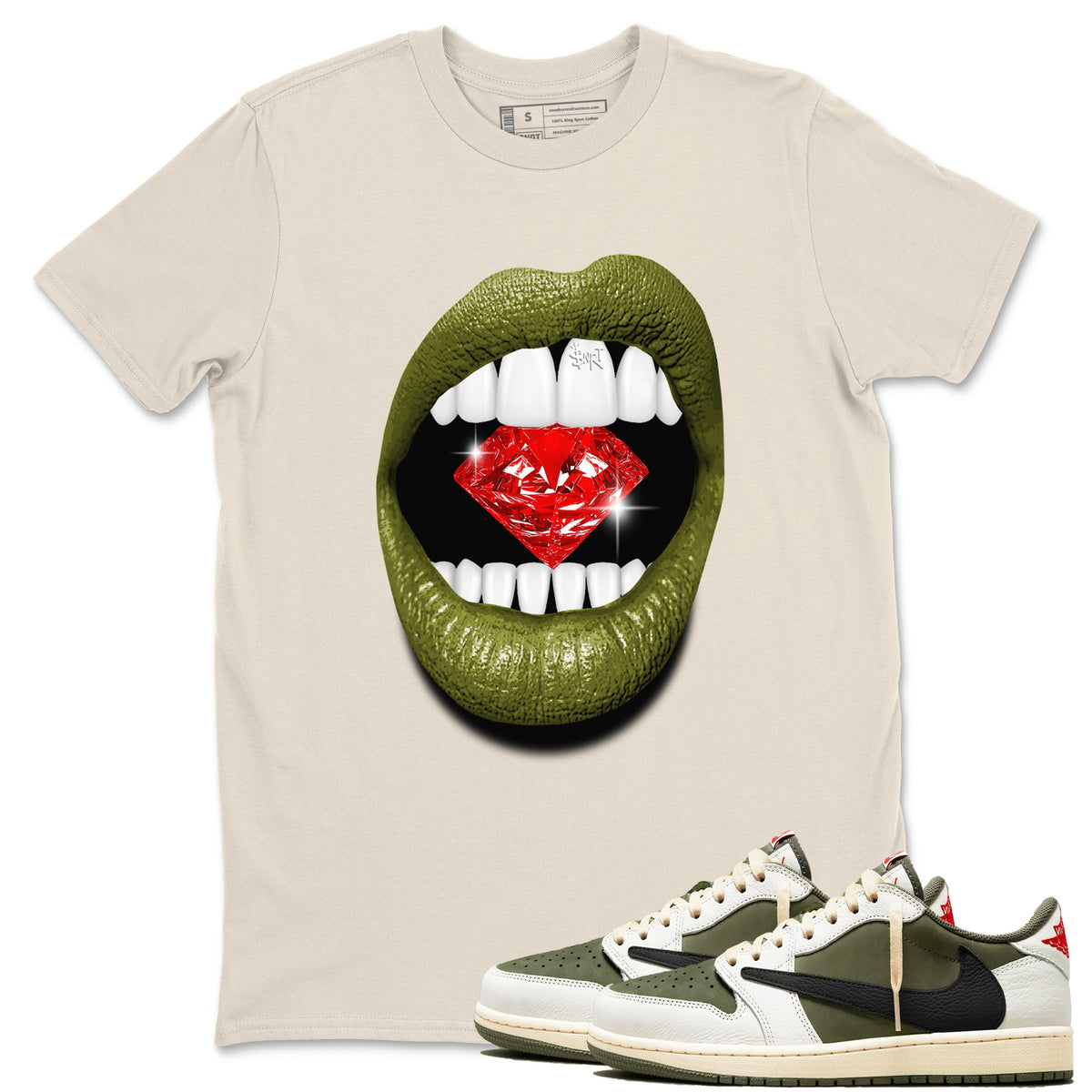 Jordan 1 Olive t shirts to match sneakers Lips Diamond sneaker match tees Air Jordan 1 Low x Travis Scott Reverse Olive tee Drip Gear Zone unisex cotton Natural 1 shirts