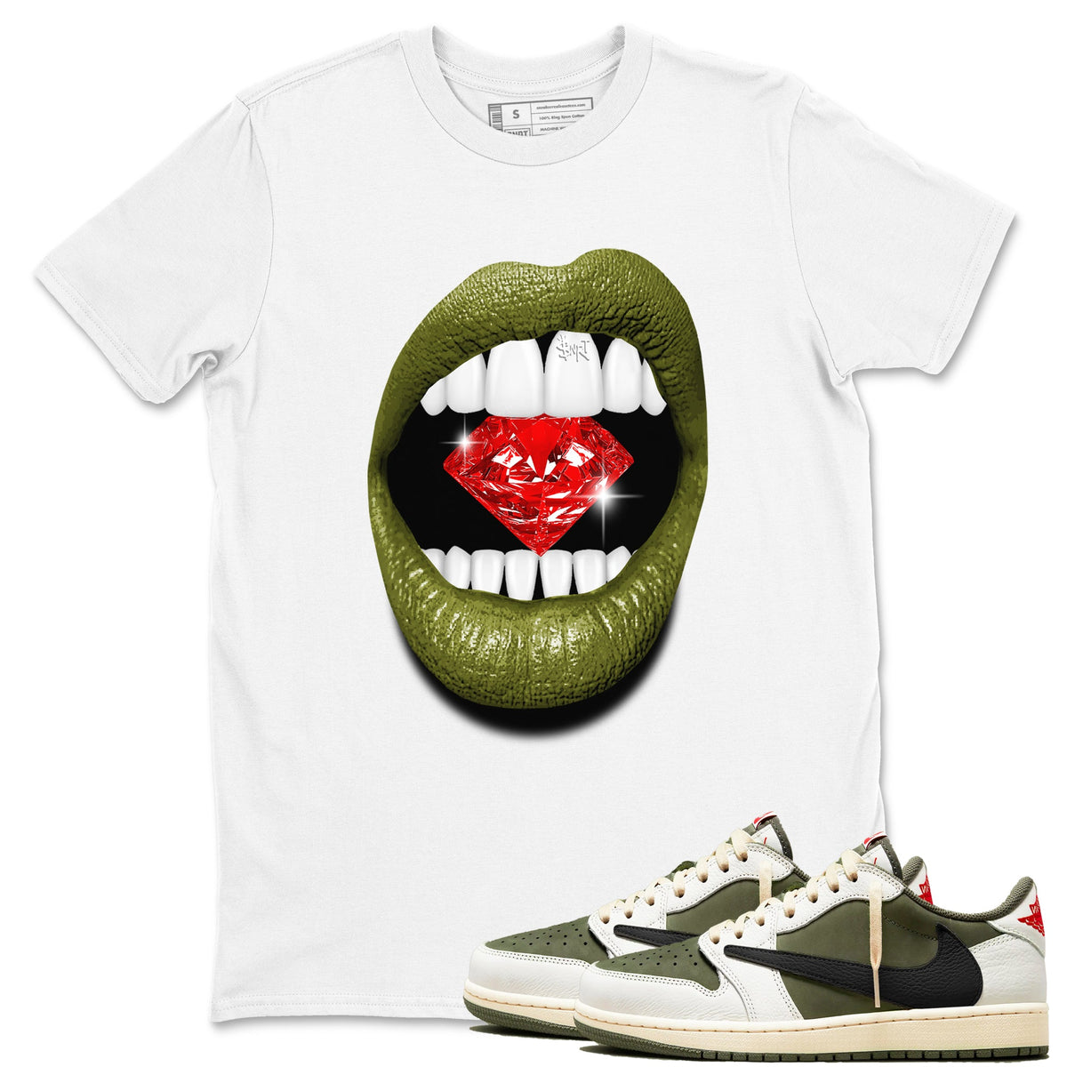 Jordan 1 Olive t shirts to match sneakers Lips Diamond sneaker match tees Air Jordan 1 Low x Travis Scott Reverse Olive tee Drip Gear Zone unisex cotton White 1 shirts