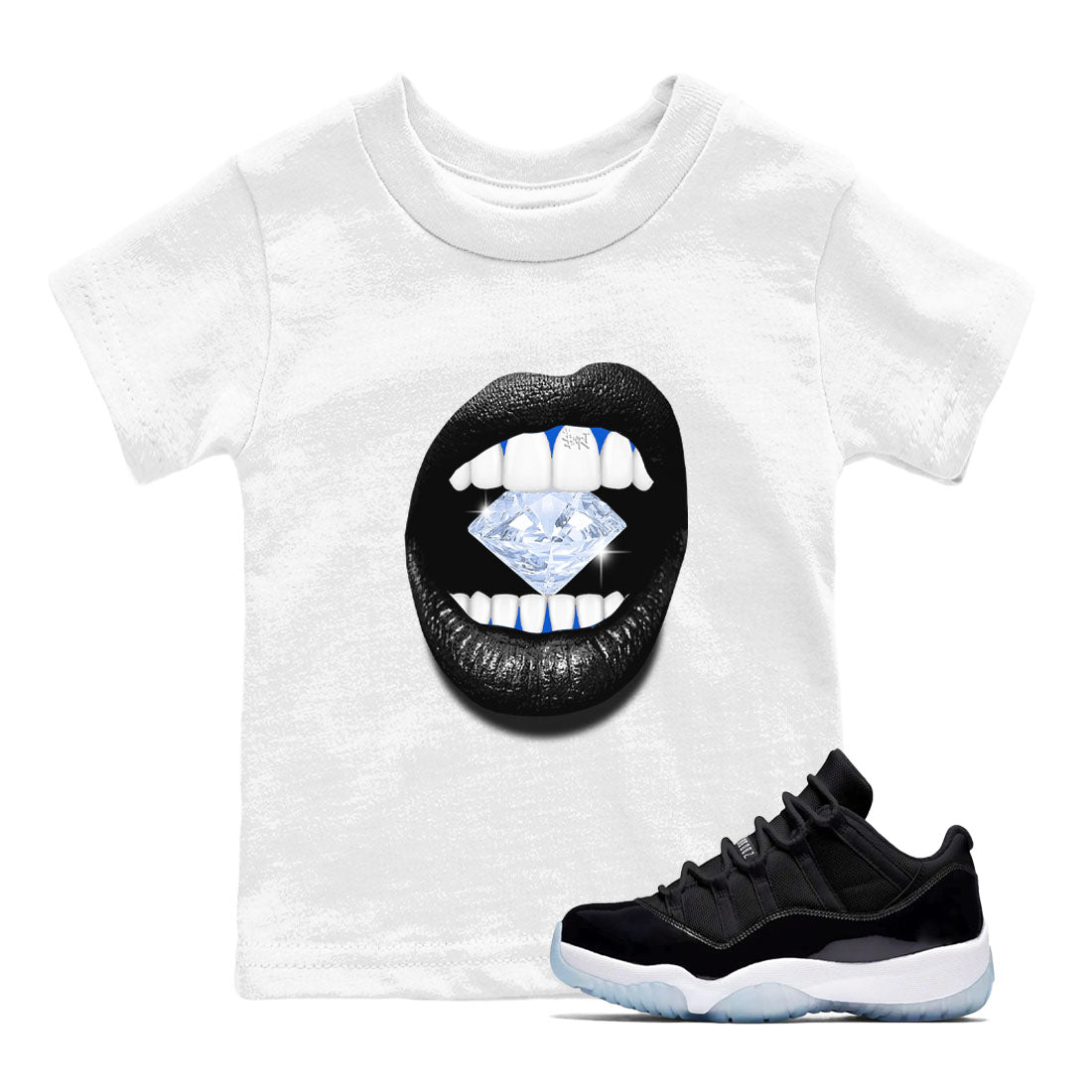 11s Black and Varsity Royal shirt to match jordans Lips Diamond sneaker tees AJ11 Black and Varsity Royal Drip Gear Zone baby toddler White 1 cotton Shirt