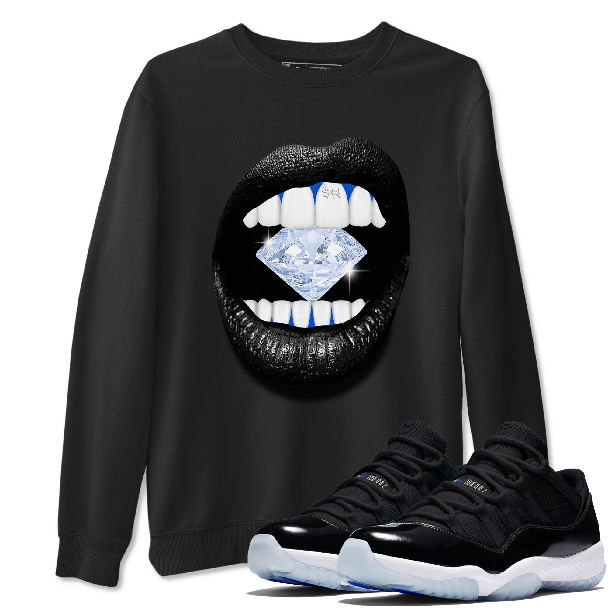 11s Black and Varsity Royal shirt to match jordans Lips Diamond sneaker tees AJ11 Black and Varsity Royal Drip Gear Zone unisex cotton Black 1 crew neck shirt