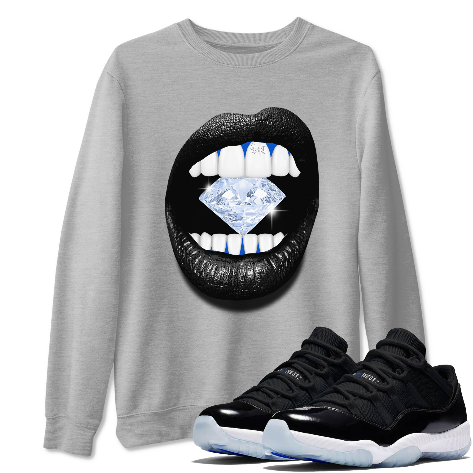 11s Black and Varsity Royal shirt to match jordans Lips Diamond sneaker tees AJ11 Black and Varsity Royal Drip Gear Zone unisex cotton Heather Grey 1 crew neck shirt
