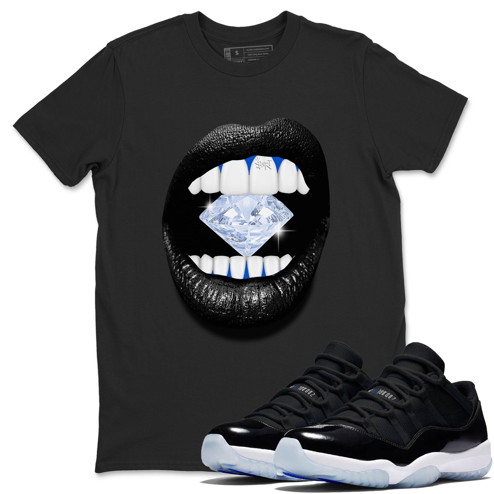 11s Black and Varsity Royal shirt to match jordans Lips Diamond sneaker tees AJ11 Black and Varsity Royal Drip Gear Zone unisex cotton Black 1 crew neck shirt