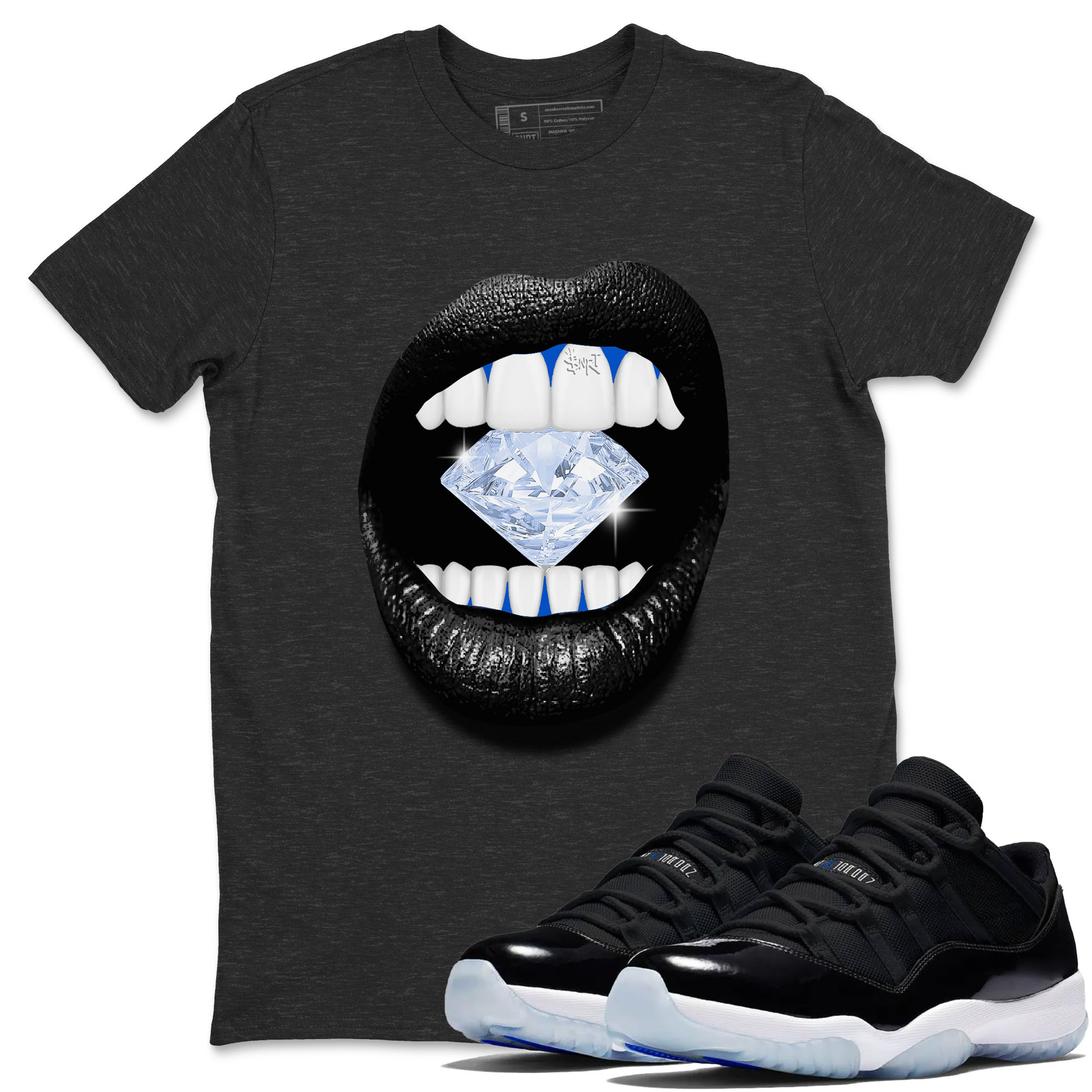 11s Black and Varsity Royal shirt to match jordans Lips Diamond sneaker tees AJ11 Black and Varsity Royal Drip Gear Zone unisex cotton Charcoal Heather 1 crew neck shirt