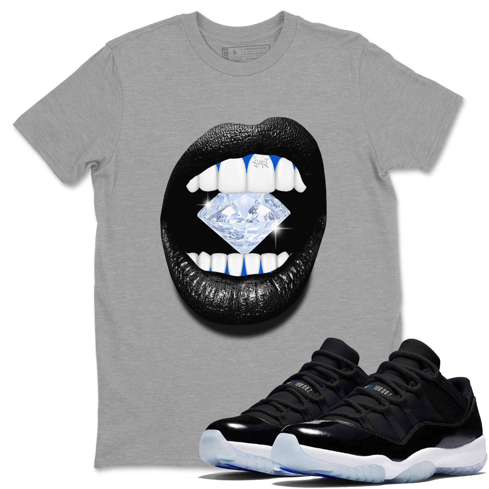 11s Black and Varsity Royal shirt to match jordans Lips Diamond sneaker tees AJ11 Black and Varsity Royal Drip Gear Zone unisex cotton Heather Grey 1 crew neck shirt