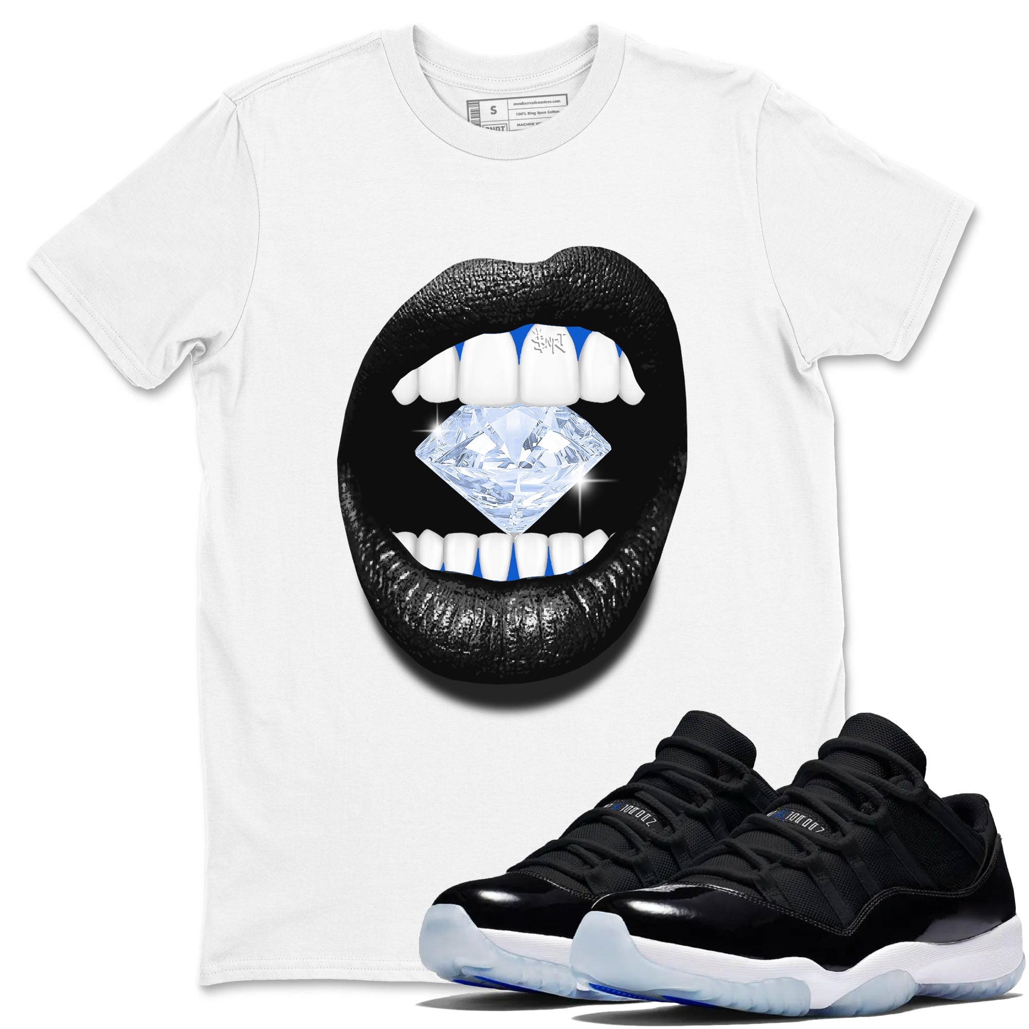 11s Black and Varsity Royal shirt to match jordans Lips Diamond sneaker tees AJ11 Black and Varsity Royal Drip Gear Zone unisex cotton White 1 crew neck shirt
