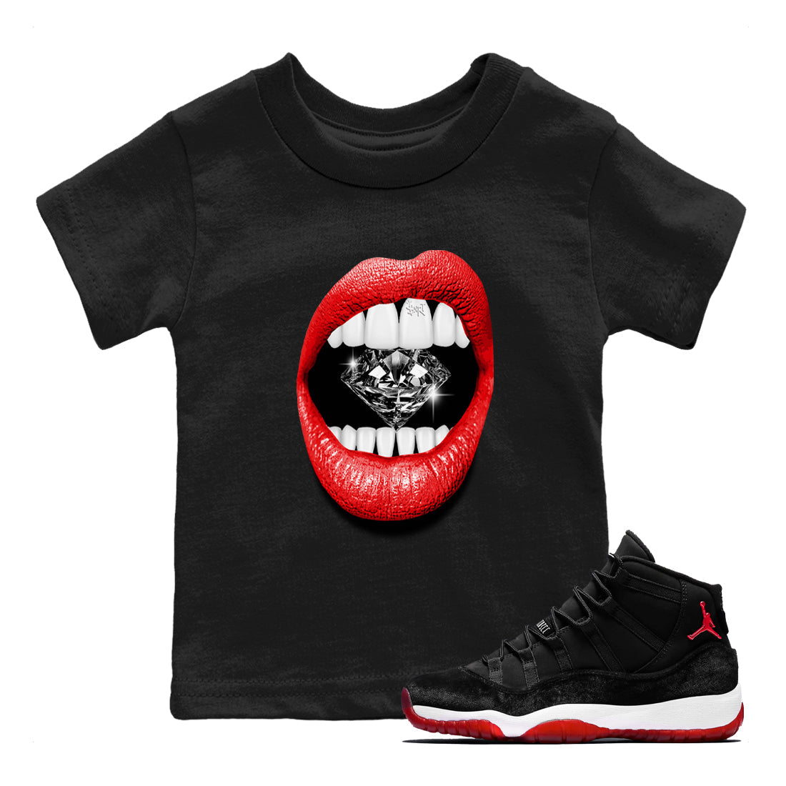 11s Bred Velvet shirts to match jordans Lips Diamond sneaker match tees Air Jordan 11 Bred Velvet match shoes to clothes Drip Gear Zone Youth Baby Black 1 tee
