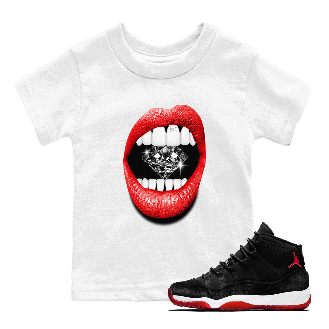 11s Bred Velvet shirts to match jordans Lips Diamond sneaker match tees Air Jordan 11 Bred Velvet match shoes to clothes Drip Gear Zone Youth Baby White 1 tee