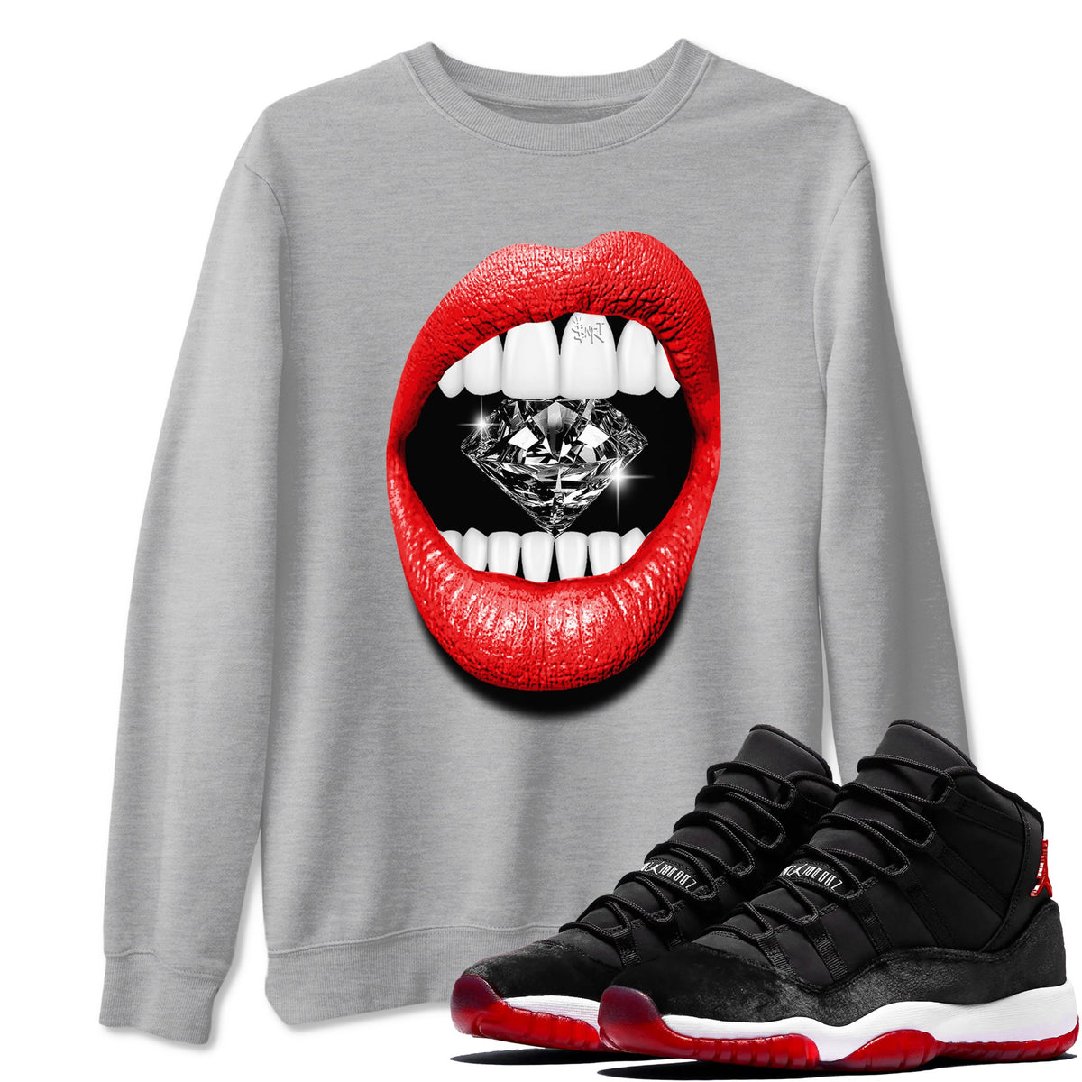 11s Bred Velvet shirts to match jordans Lips Diamond sneaker match tees Air Jordan 11 Bred Velvet match shoes to clothes Drip Gear Zone unisex cotton Heather Grey 1 shirts
