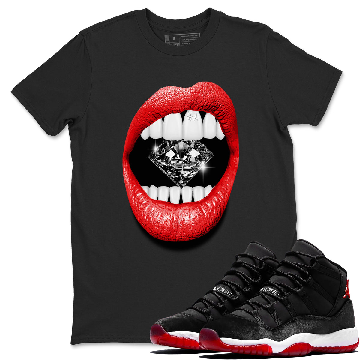 11s Bred Velvet shirts to match jordans Lips Diamond sneaker match tees Air Jordan 11 Bred Velvet match shoes to clothes Drip Gear Zone unisex cotton Black 1 shirts