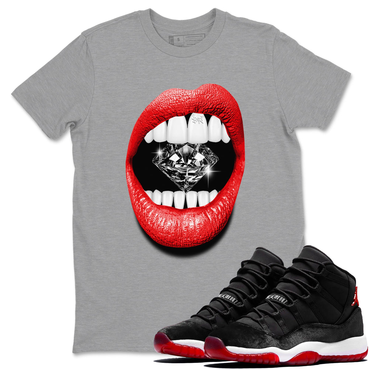 11s Bred Velvet shirts to match jordans Lips Diamond sneaker match tees Air Jordan 11 Bred Velvet match shoes to clothes Drip Gear Zone unisex cotton Heather Grey 1 shirts