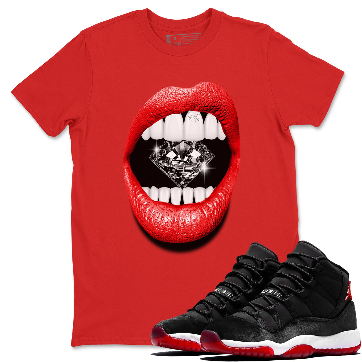 11s Bred Velvet shirts to match jordans Lips Diamond sneaker match tees Air Jordan 11 Bred Velvet match shoes to clothes Drip Gear Zone unisex cotton Red 1 shirts
