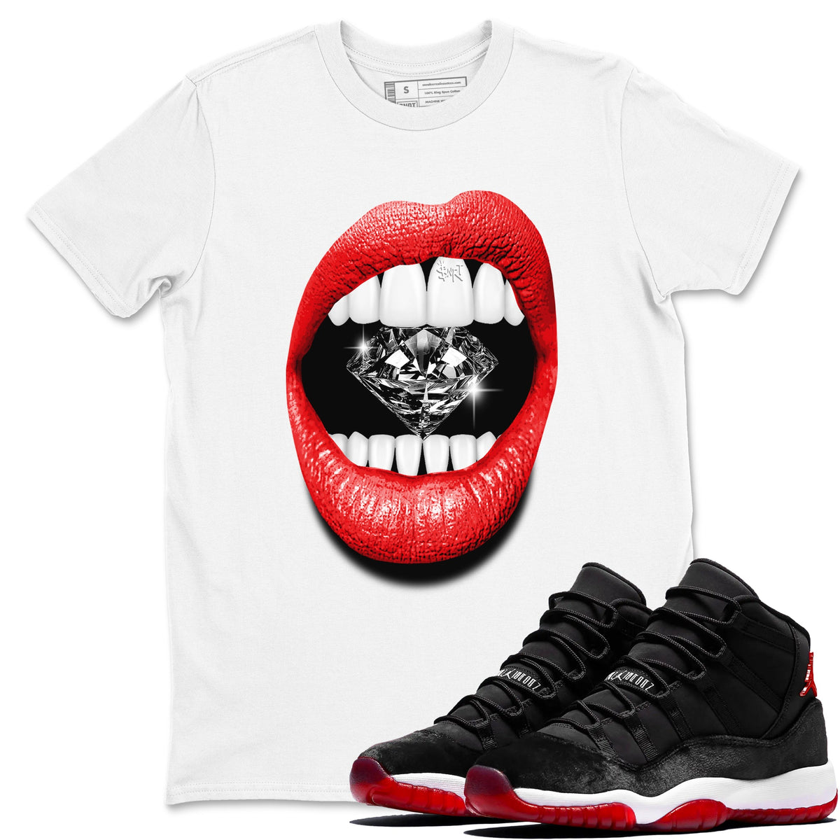 11s Bred Velvet shirts to match jordans Lips Diamond sneaker match tees Air Jordan 11 Bred Velvet match shoes to clothes Drip Gear Zone unisex cotton White 1 shirts