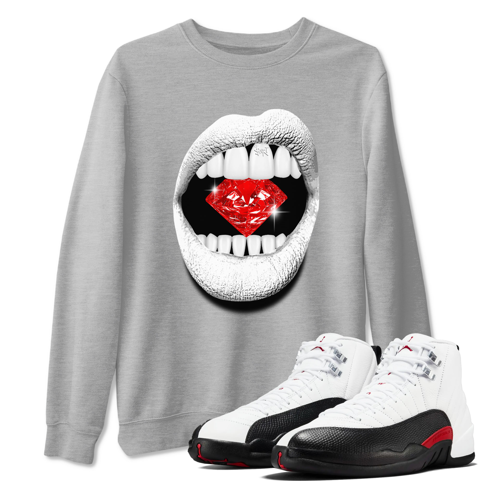 Air Jordan 12 Retro Taxi Flip shirts to match jordans Lips Diamond sneaker match tees 12s Red Taxi Drip Gear Zone unisex cotton Heather Grey 1 crew neck shirt
