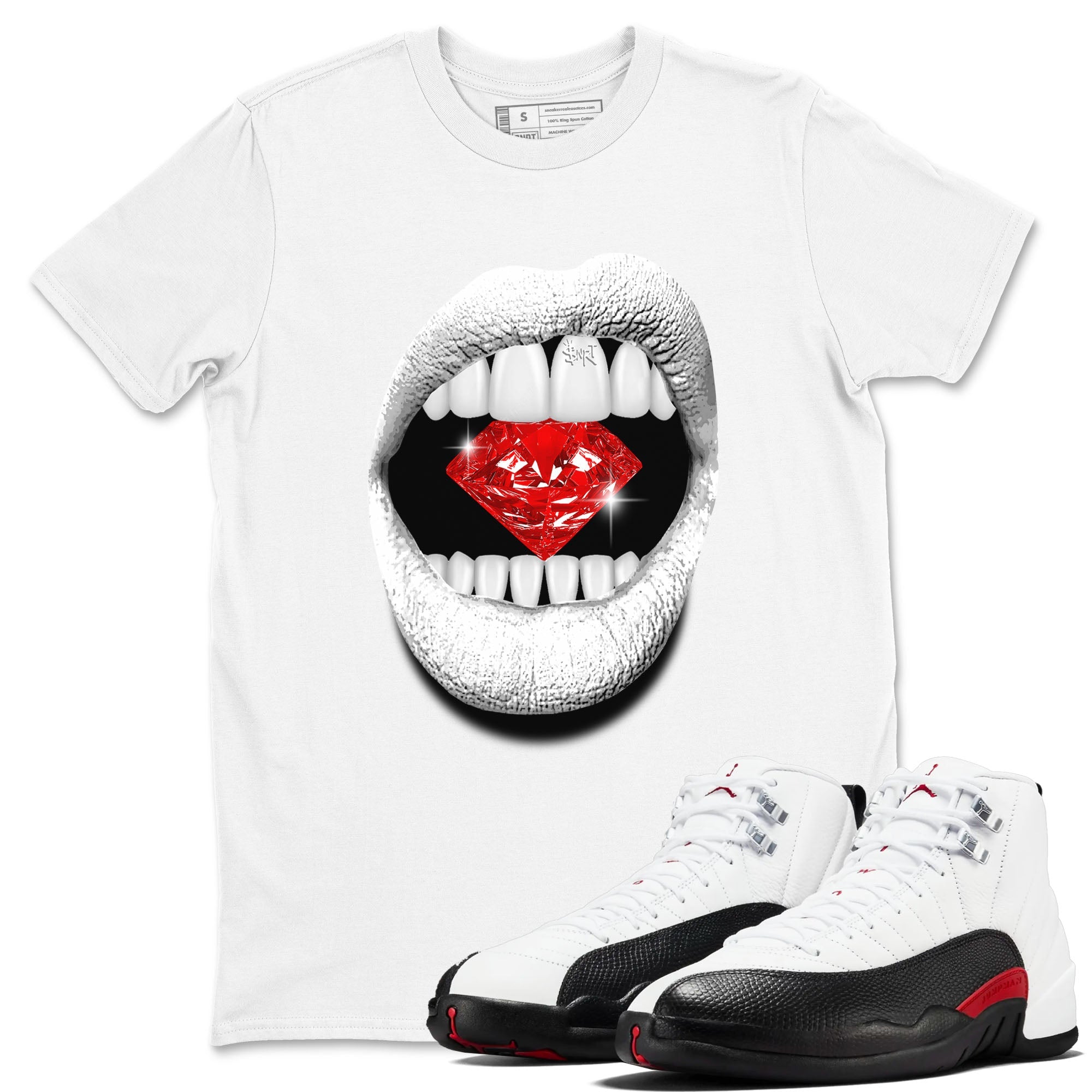 Air Jordan 12 Retro Taxi Flip shirts to match jordans Lips Diamond sneaker match tees 12s Red Taxi Drip Gear Zone unisex cotton White 1 crew neck shirt