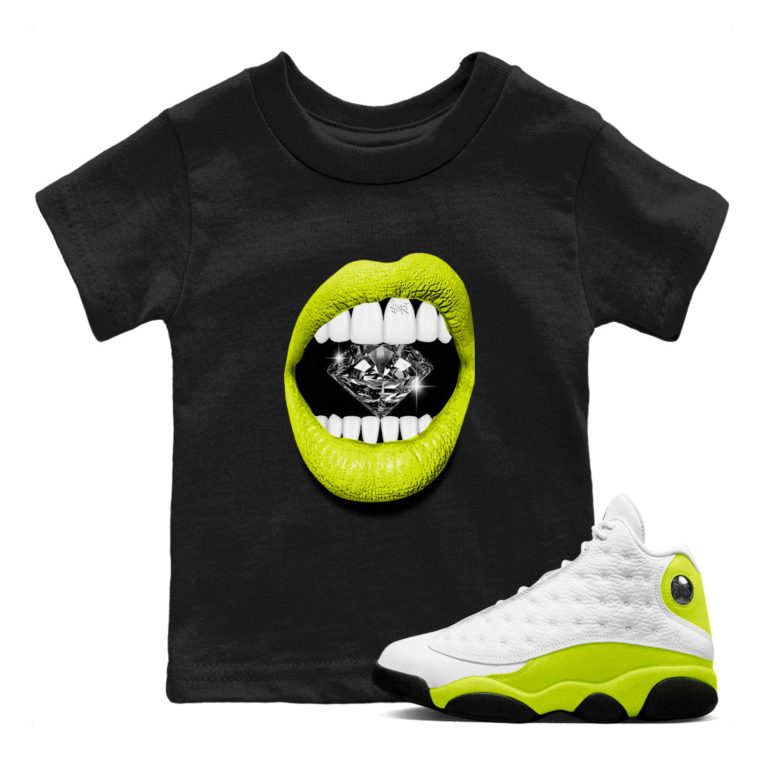 Jordan 13 Bright Cactus Shirts To Match Jordans Lips Diamond Sneaker Shirts 13s Bright Cactus Drip Gear Zone Baby Youth Toddler Black 1 crew neck shirts