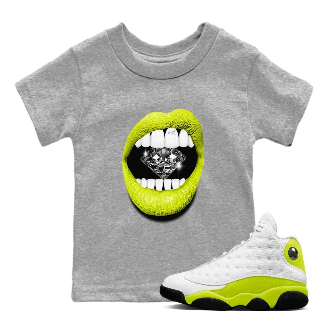 Jordan 13 Bright Cactus Shirts To Match Jordans Lips Diamond Sneaker Shirts 13s Bright Cactus Drip Gear Zone Baby Youth Toddler Heather Grey 1 crew neck shirts
