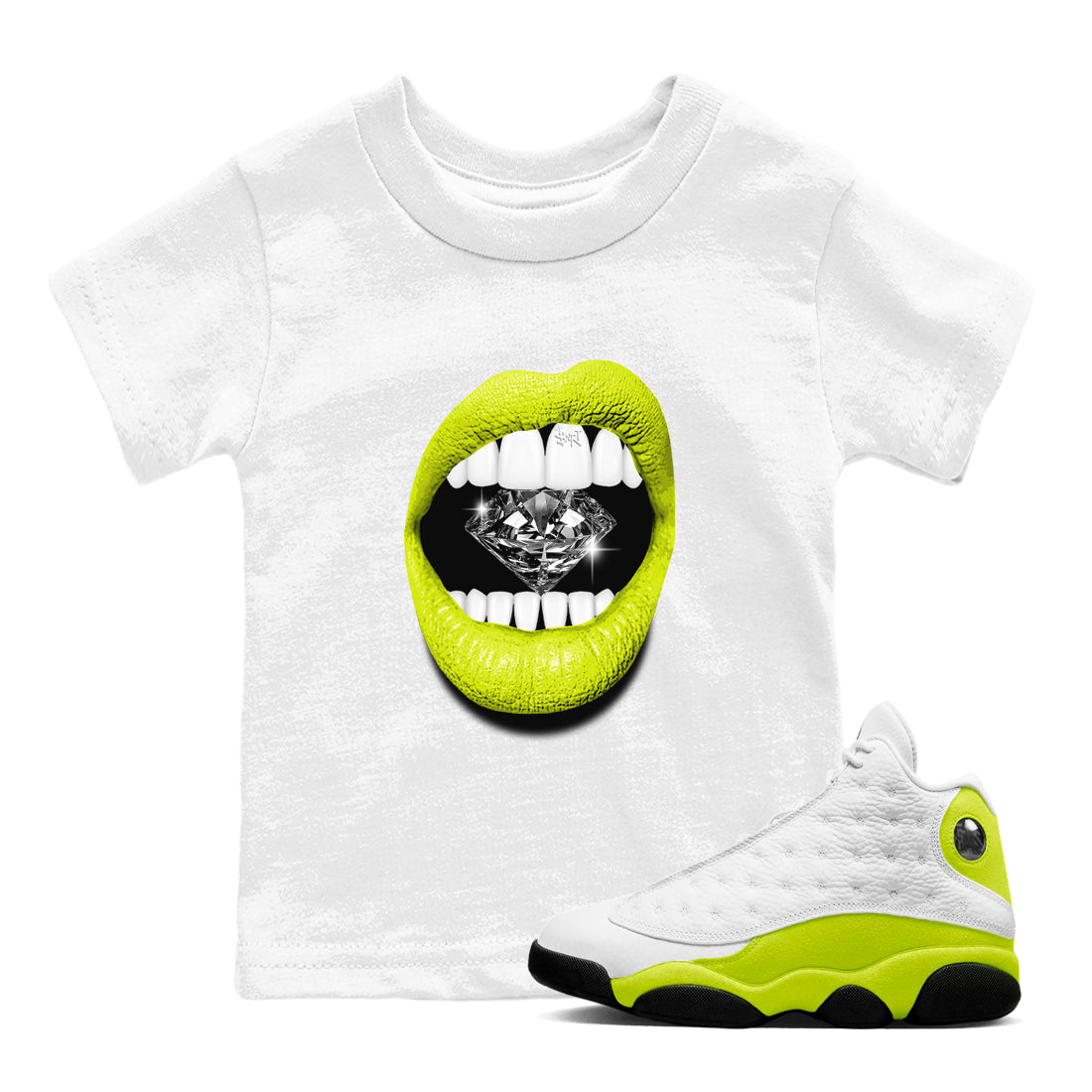 Jordan 13 Bright Cactus Shirts To Match Jordans Lips Diamond Sneaker Shirts 13s Bright Cactus Drip Gear Zone Baby Youth Toddler White 1 crew neck shirts