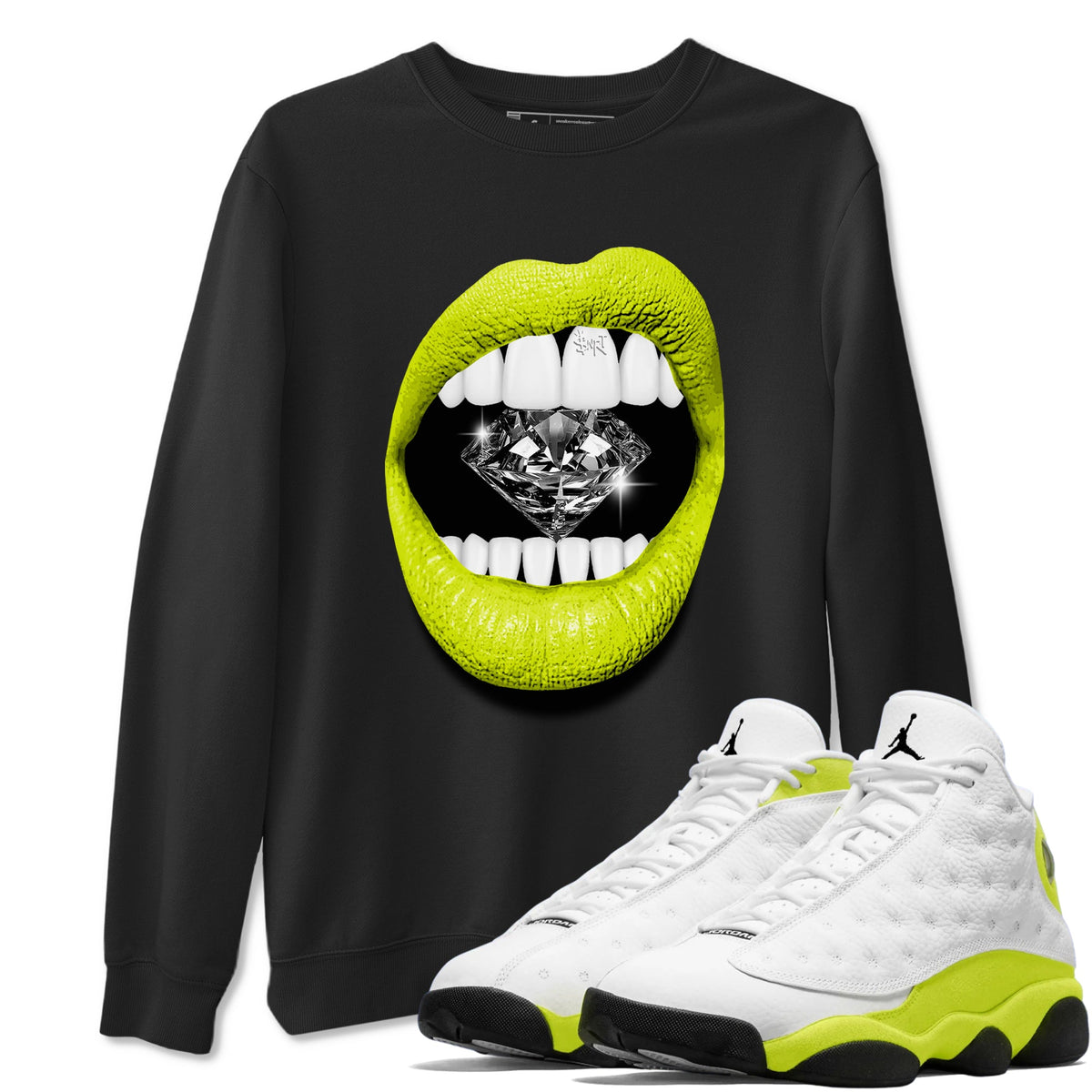 Jordan 13 Bright Cactus Shirts To Match Jordans Lips Diamond Sneaker Shirts 13s Bright Cactus Drip Gear Zone Unisex Cotton Crew Neck Black 1 crew neck shirts