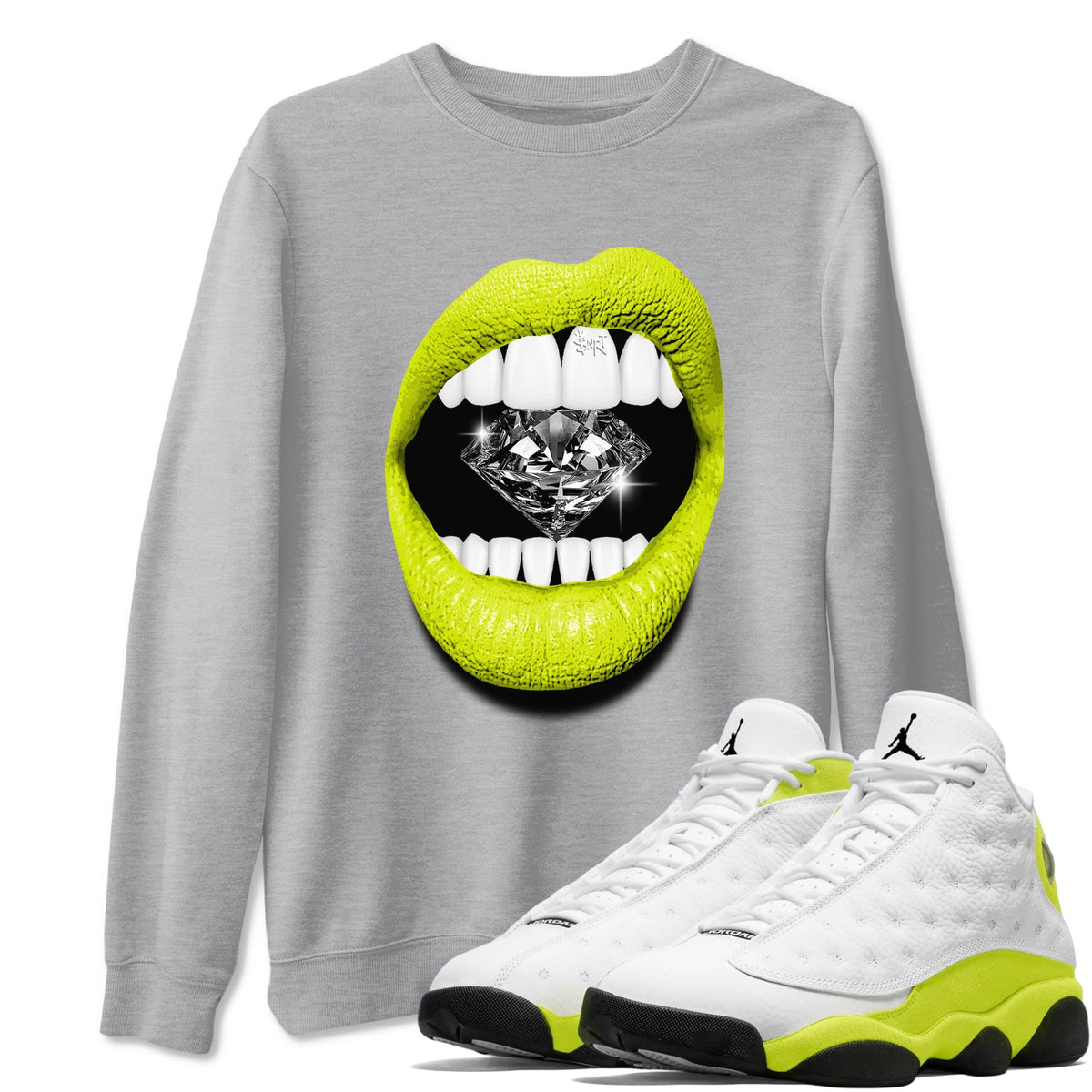 Jordan 13 Bright Cactus Shirts To Match Jordans Lips Diamond Sneaker Shirts 13s Bright Cactus Drip Gear Zone Unisex Cotton Crew Neck Heather Grey 1 crew neck shirts