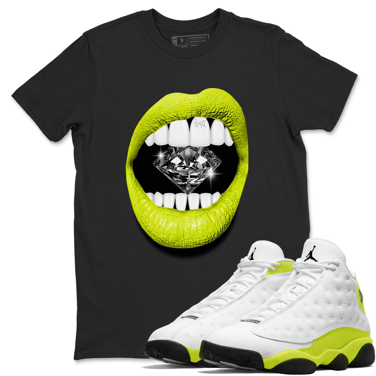 Jordan 13 Bright Cactus Shirts To Match Jordans Lips Diamond Sneaker Shirts 13s Bright Cactus Drip Gear Zone Unisex Cotton Crew Neck Black 1 crew neck shirts
