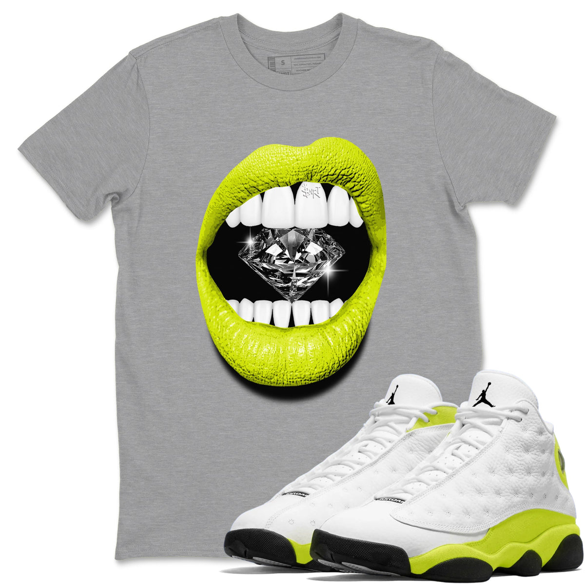 Jordan 13 Bright Cactus Shirts To Match Jordans Lips Diamond Sneaker Shirts 13s Bright Cactus Drip Gear Zone Unisex Cotton Crew Neck Heather Grey 1 crew neck shirts