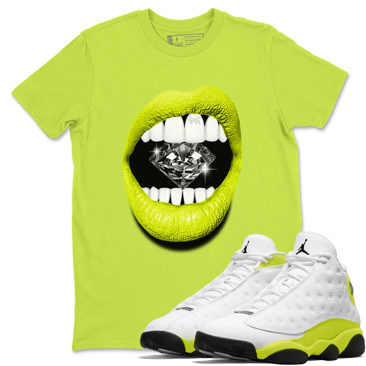 Jordan 13 Bright Cactus Shirts To Match Jordans Lips Diamond Sneaker Shirts 13s Bright Cactus Drip Gear Zone Unisex Cotton Crew Neck Safety Green 1 crew neck shirts