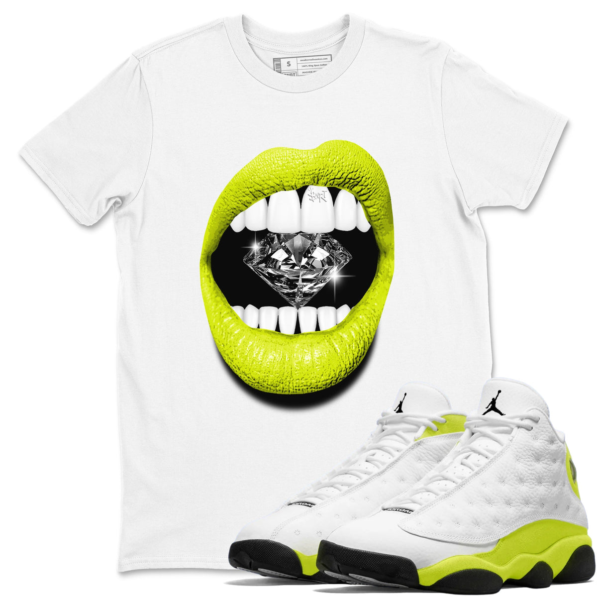 Jordan 13 Bright Cactus Shirts To Match Jordans Lips Diamond Sneaker Shirts 13s Bright Cactus Drip Gear Zone Unisex Cotton Crew Neck White 1 crew neck shirts