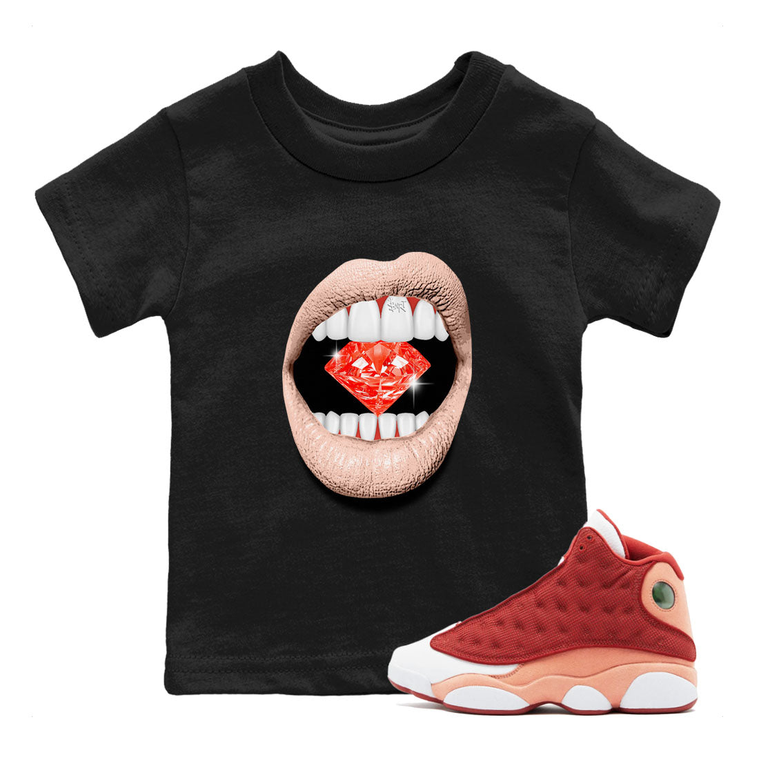 13s Dune Red shirts to match jordans Lips Diamond sneaker match tees Air Jordan 13 Dune Red Drip Gear Zone streetwear brand Baby and Youth Black 1 cotton tee