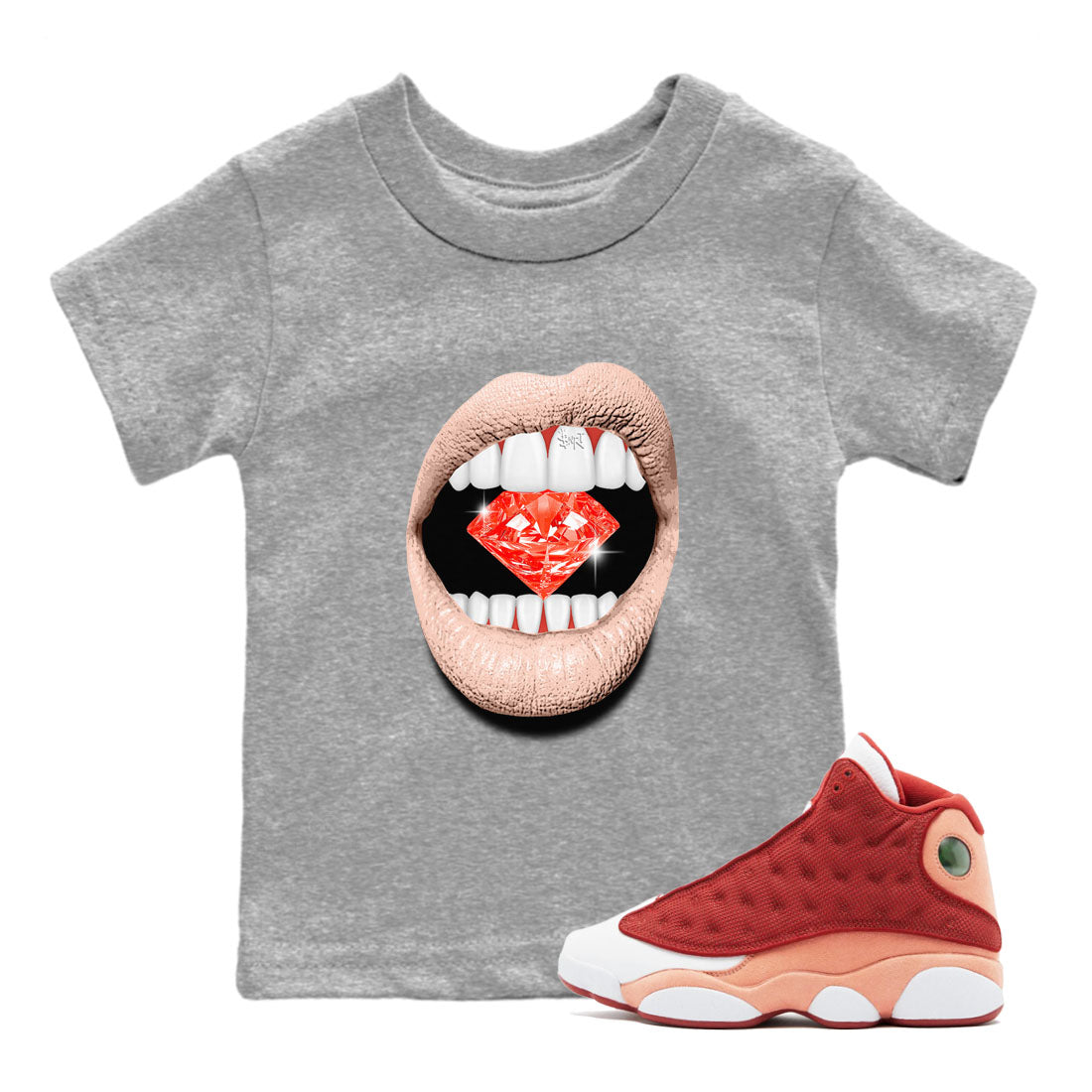 13s Dune Red shirts to match jordans Lips Diamond sneaker match tees Air Jordan 13 Dune Red Drip Gear Zone streetwear brand Baby and Youth Heather Grey 1 cotton tee
